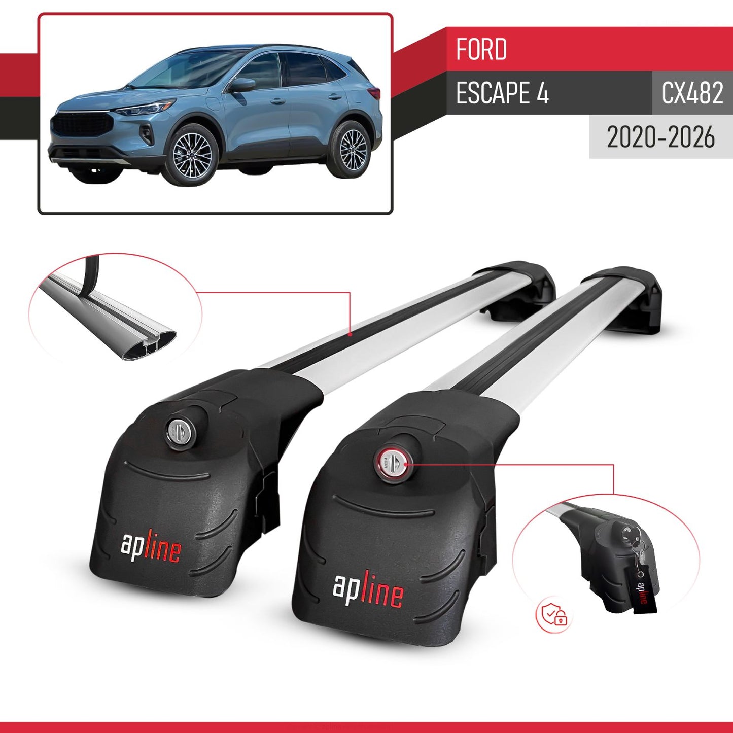 ACE-2 Dakdrager bagagedrager compatibel met Ford Escape 4 (CX482) 2020-2025 Spoorstaven Grijs Aluminium 2 Staven