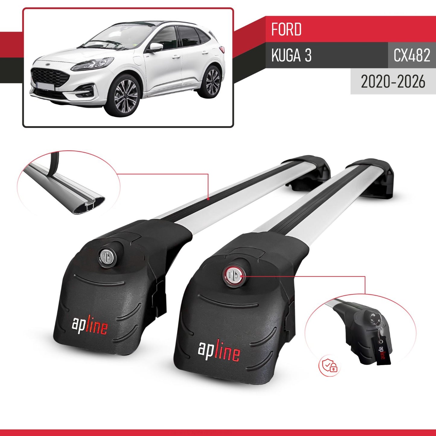 ACE-2 Dakdrager bagagedrager compatibel met Ford Kuga 3 (CX482) 2020-2025 Spoorstaven Grijs Aluminium 2 Staven