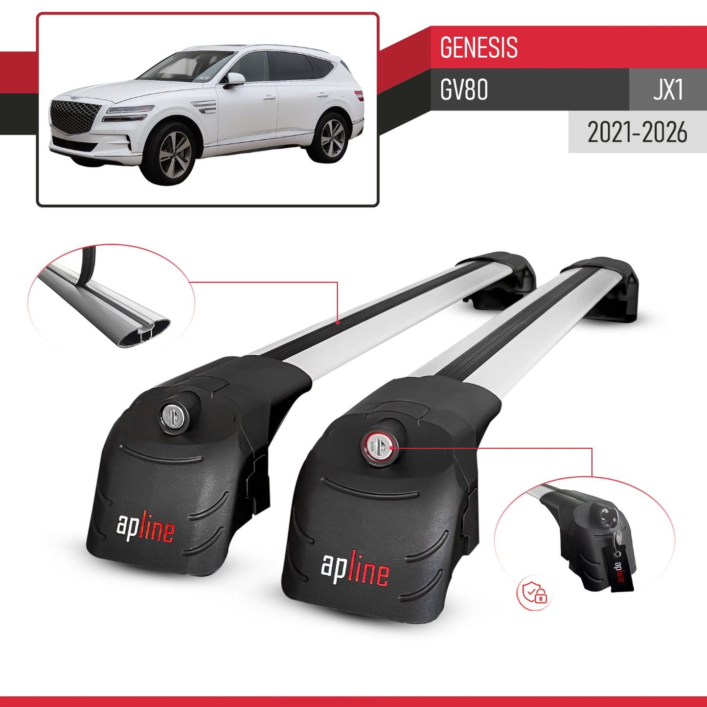 ACE-2 Dakdrager bagagedrager compatibel met Genesis GV80 (JX1) 2021-2025 Spoorstaven Grijs Aluminium 2 Staven