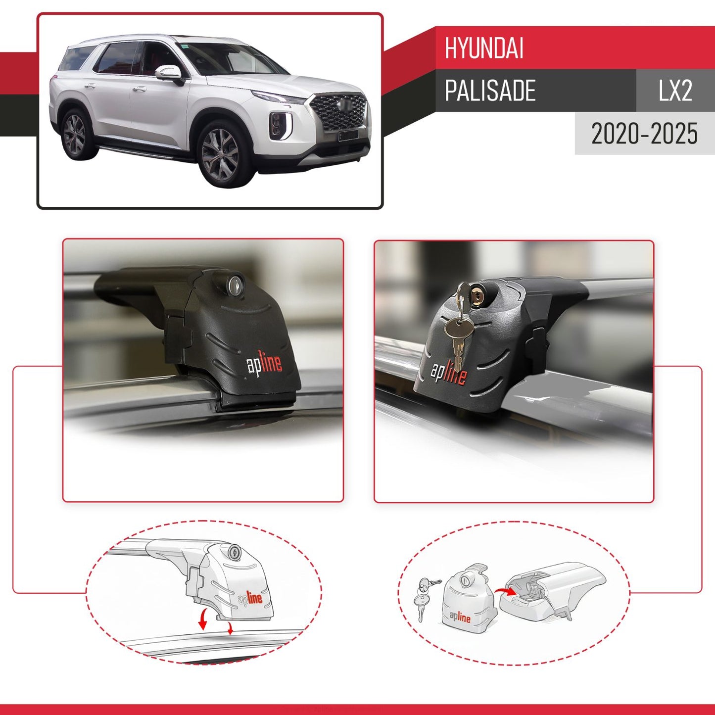 ACE-2 Dakdrager bagagedrager compatibel met Hyundai Palisade (LX2) 2020-2025 Spoorstaven Grijs Aluminium 2 Staven