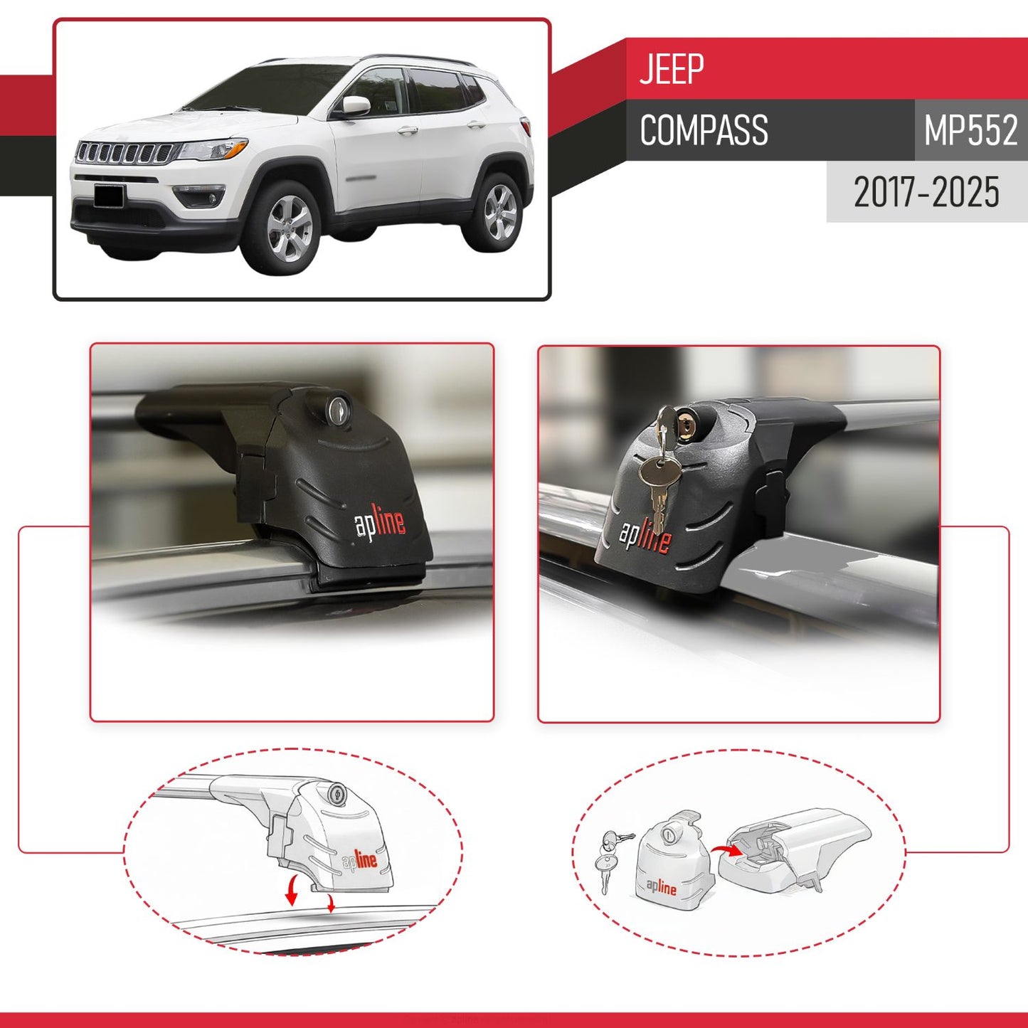 ACE-2 Dakdrager bagagedrager compatibel met Jeep Compass 2017-2025 Spoorstaven Grijs Aluminium 2 Staven