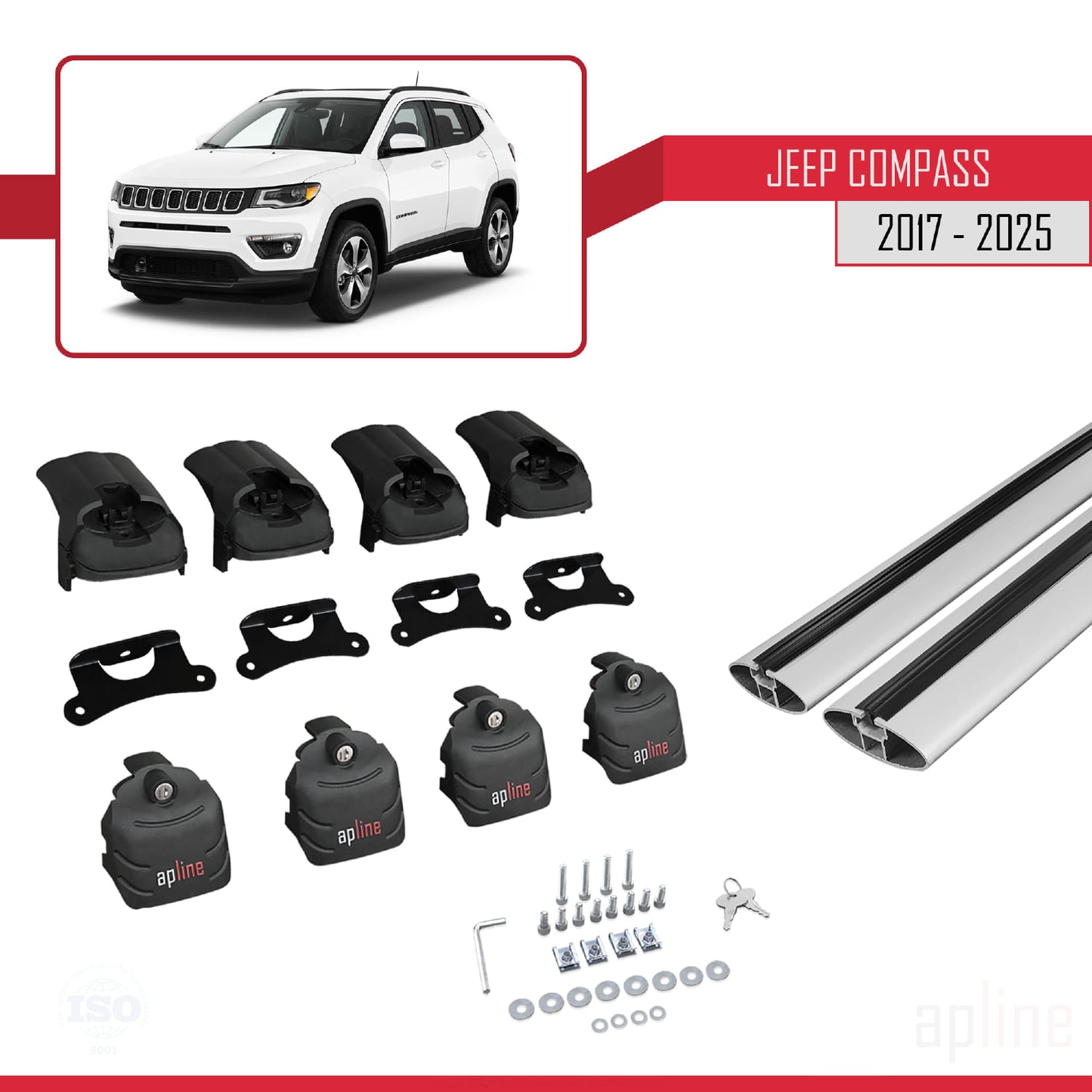 ACE-2 Dakdrager bagagedrager compatibel met Jeep Compass 2017-2025 Spoorstaven Grijs Aluminium 2 Staven