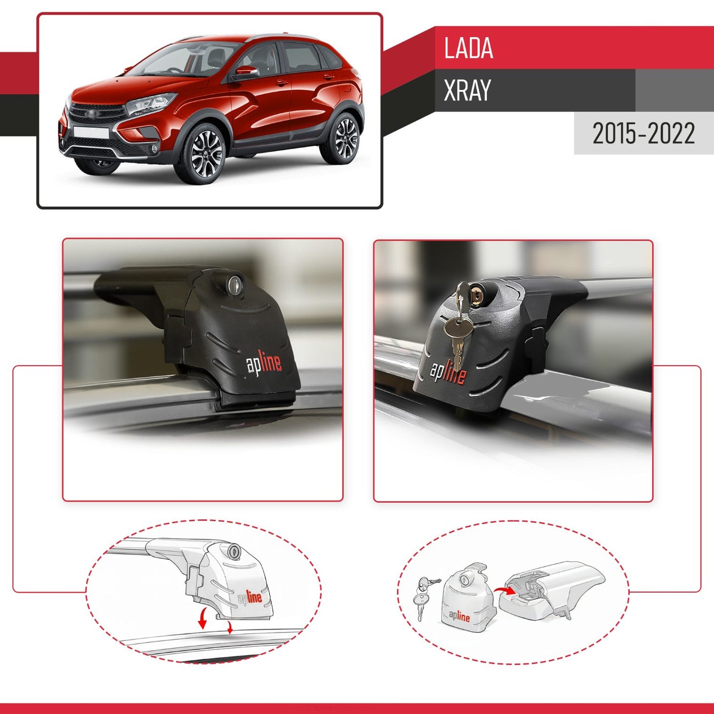 Compatible with Lada Xray 2015-2022 ACE-2 Car Roof Rack Cross Bar Grey Aluminium 2 Bars