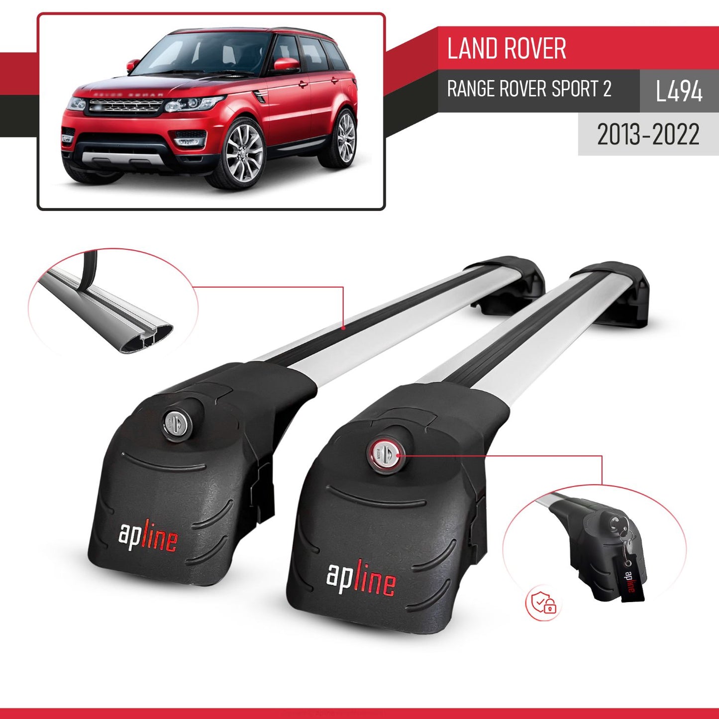 Compatible with Land Rover Range Rover Sport 2 (L494) 2014-2022 ACE-2 Car Roof Rack Cross Bar Grey Aluminium 2 Bars