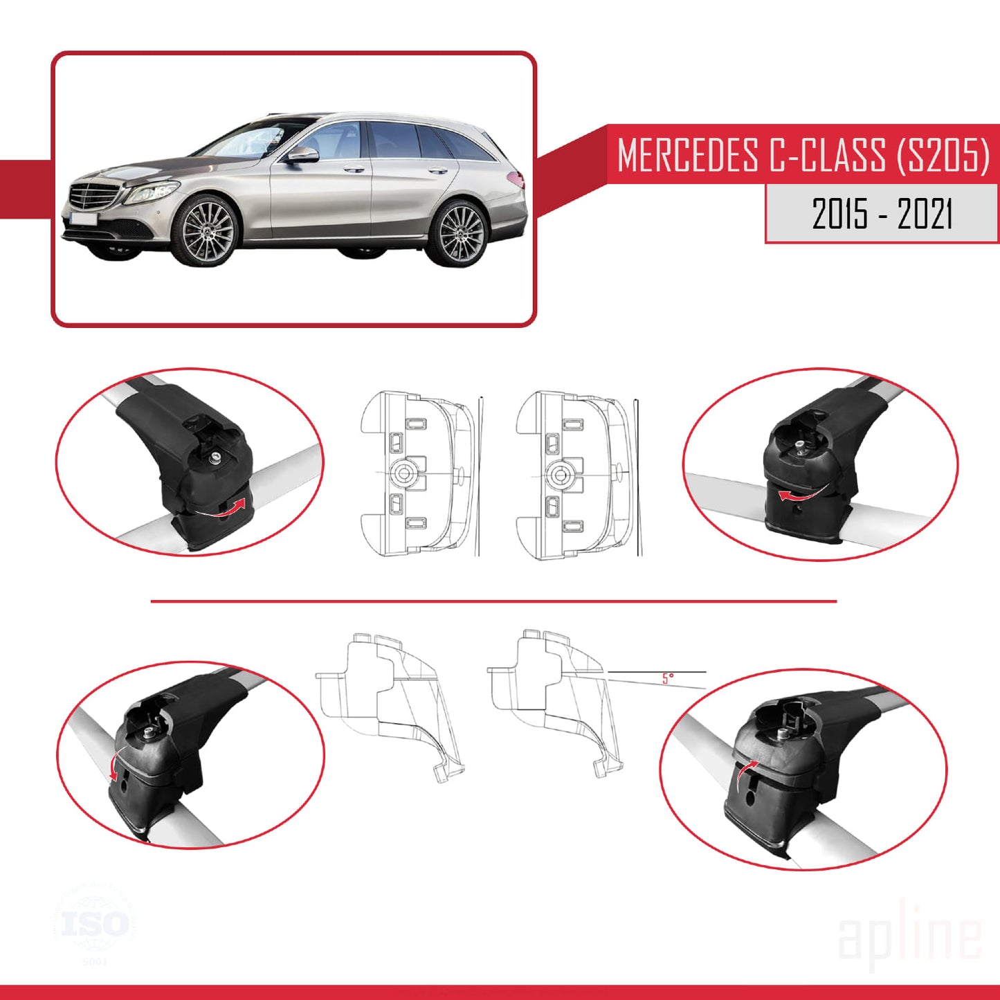 Compatible avec Mercedes Classe C 4 (S205) 2015-2021 ACE-2 Barres de Toit Railing Porte-Bagages de Voiture Gris Aluminium 2 Barres