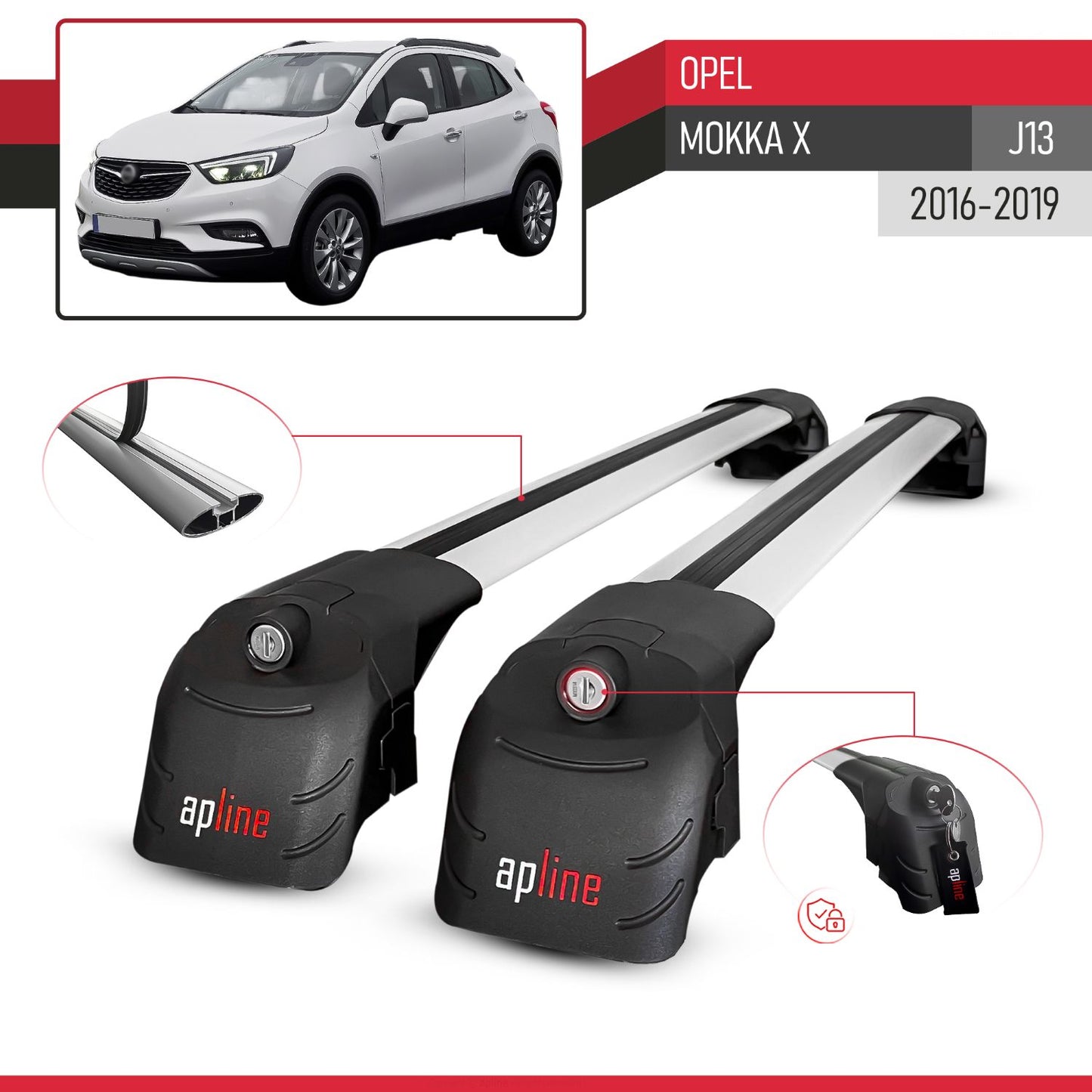 Compatible with Opel Mokka X (J13) 2016-2019 ACE-2 Car Roof Rack Cross Bar Grey Aluminium 2 Bars