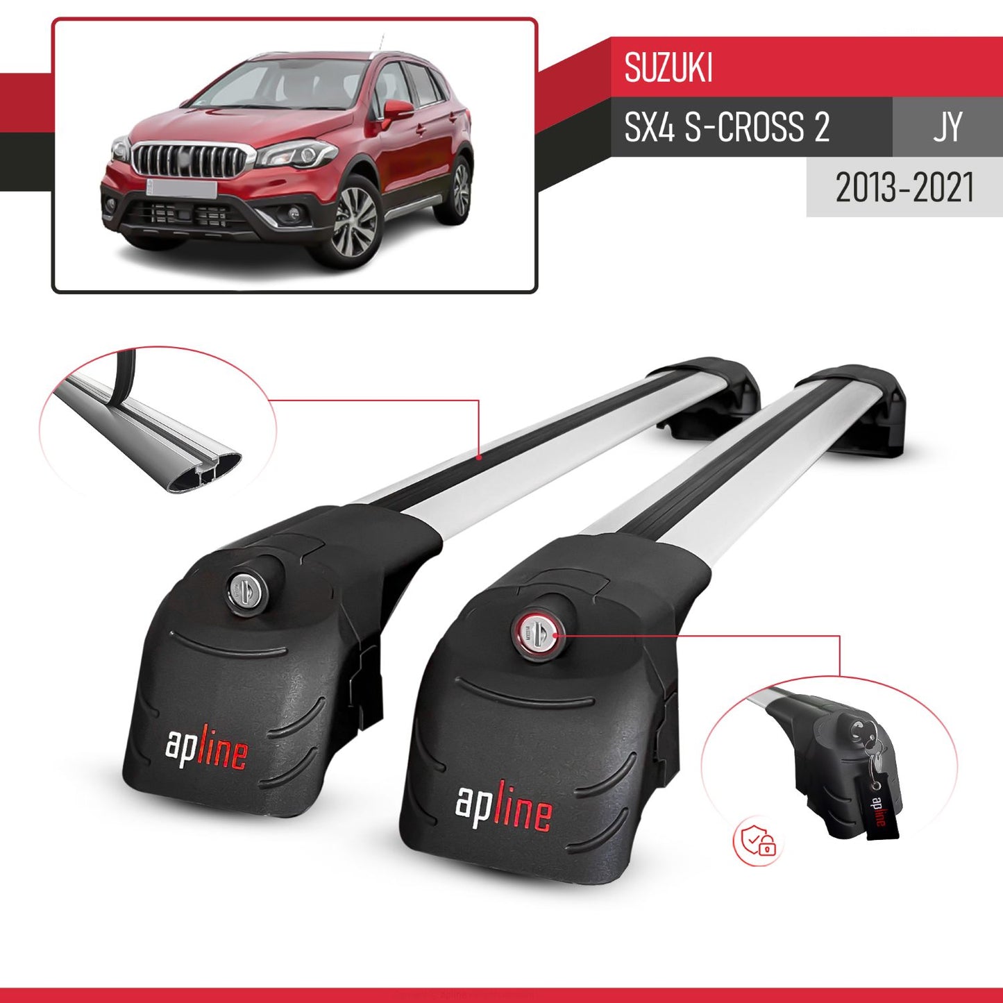 Compatible with Suzuki SX4 S-Cross 3 (JYB) 2013-2021 ACE-2 Car Roof Rack Cross Bar Grey Aluminium 2 Bars