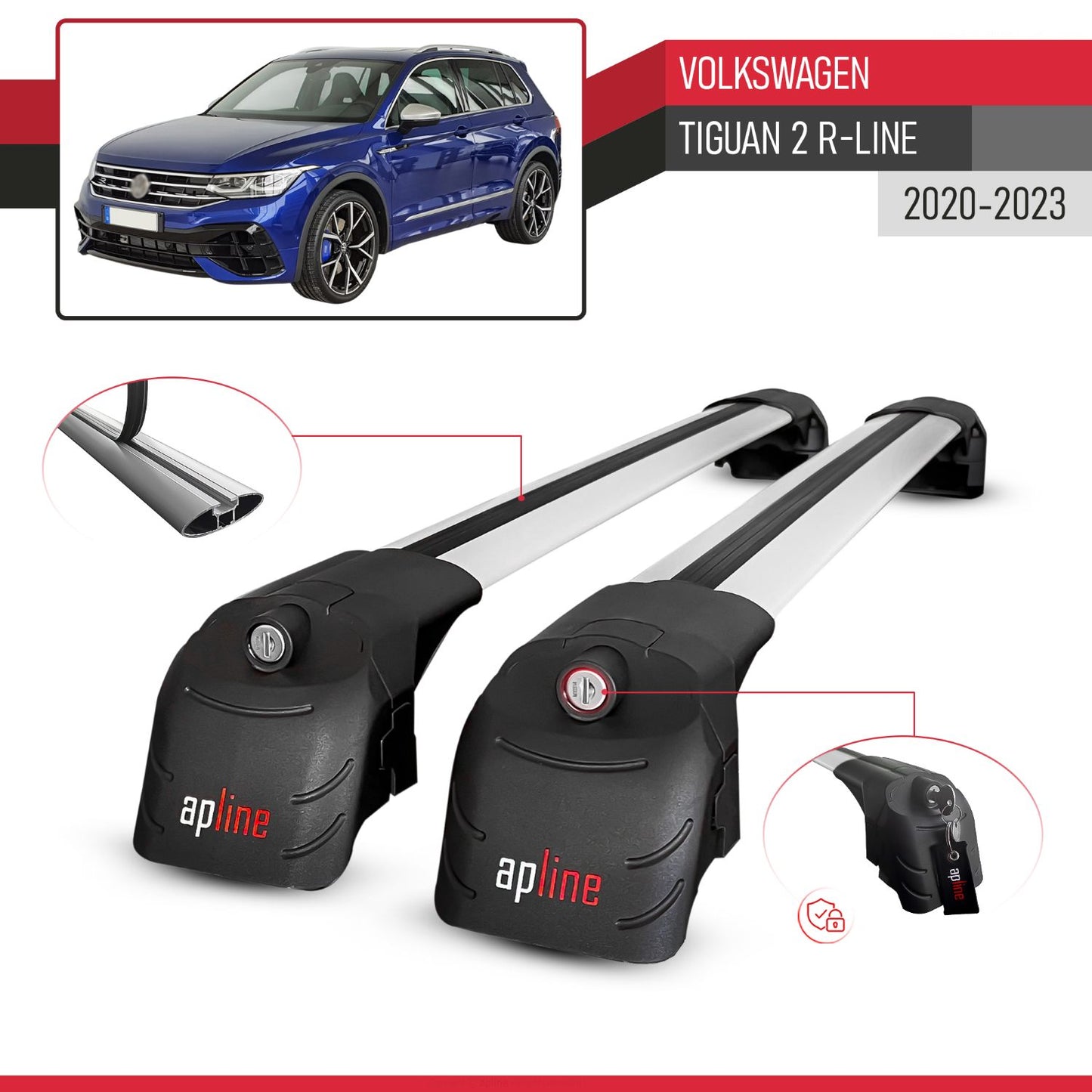 Compatible with Volkswagen Tiguan 2 R-Line Post-Facelift 2020-2023 ACE-2 Car Roof Rack Cross Bar Grey Aluminium 2 Bars