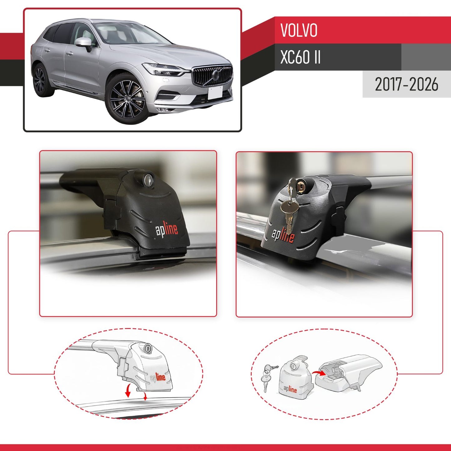ACE-2 Dakdrager bagagedrager compatibel met Volvo XC60 II 2017-2025 Spoorstaven Grijs Aluminium 2 Staven