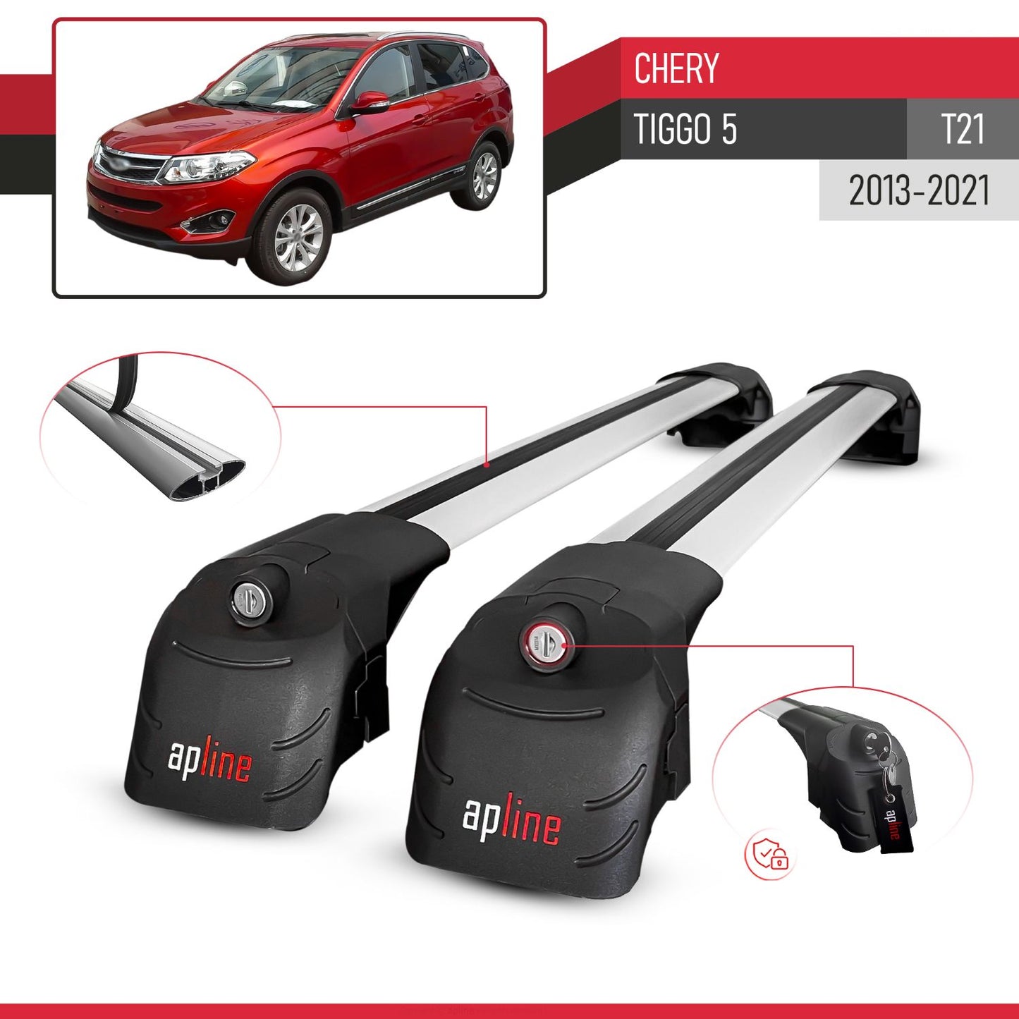 ACE-2 Dakdrager bagagedrager compatibel met Chery Tiggo 5 (T21) 2013-2021 Spoorstaven Grijs Aluminium 2 Staven