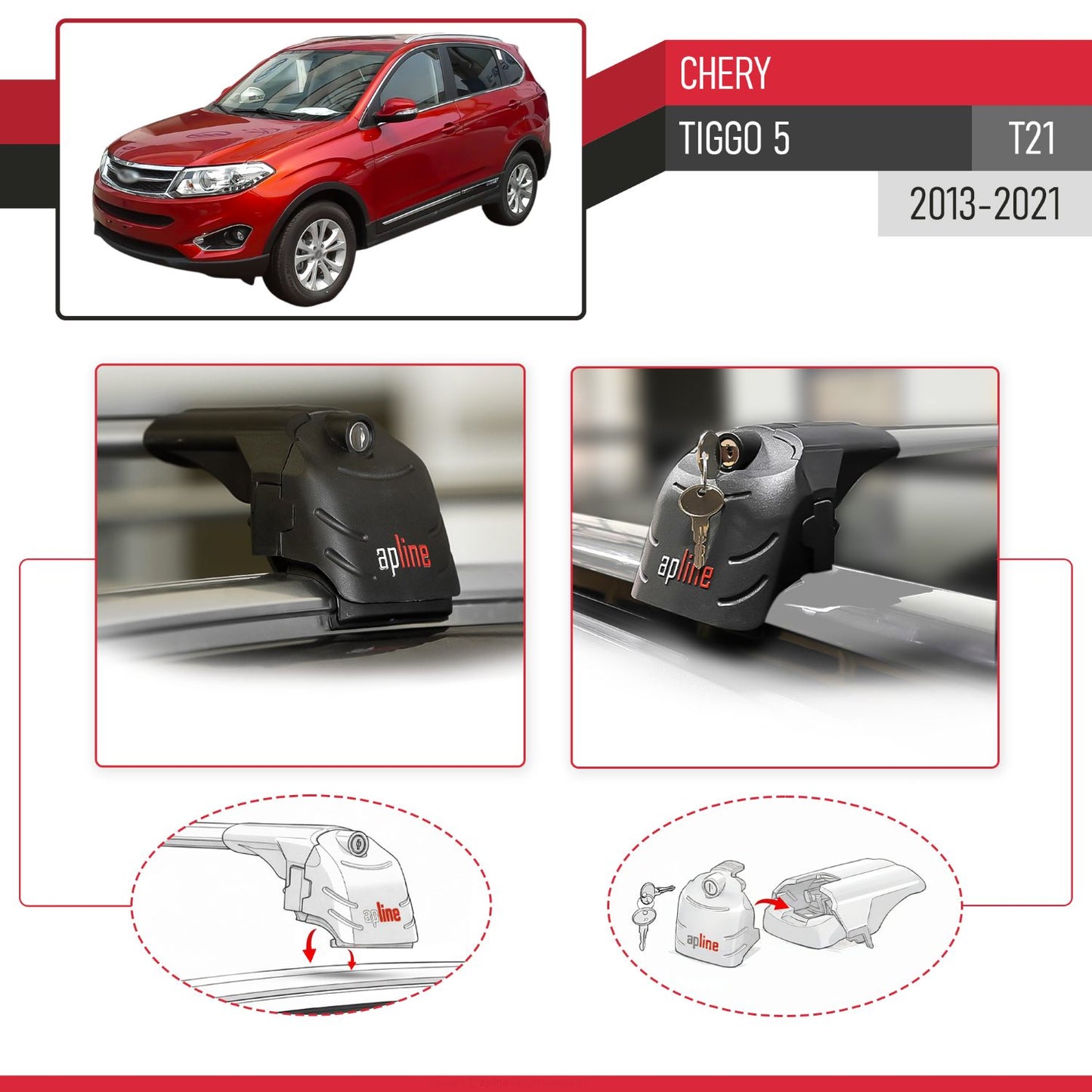 ACE-2 Dakdrager bagagedrager compatibel met Chery Tiggo 5 (T21) 2013-2021 Spoorstaven Grijs Aluminium 2 Staven