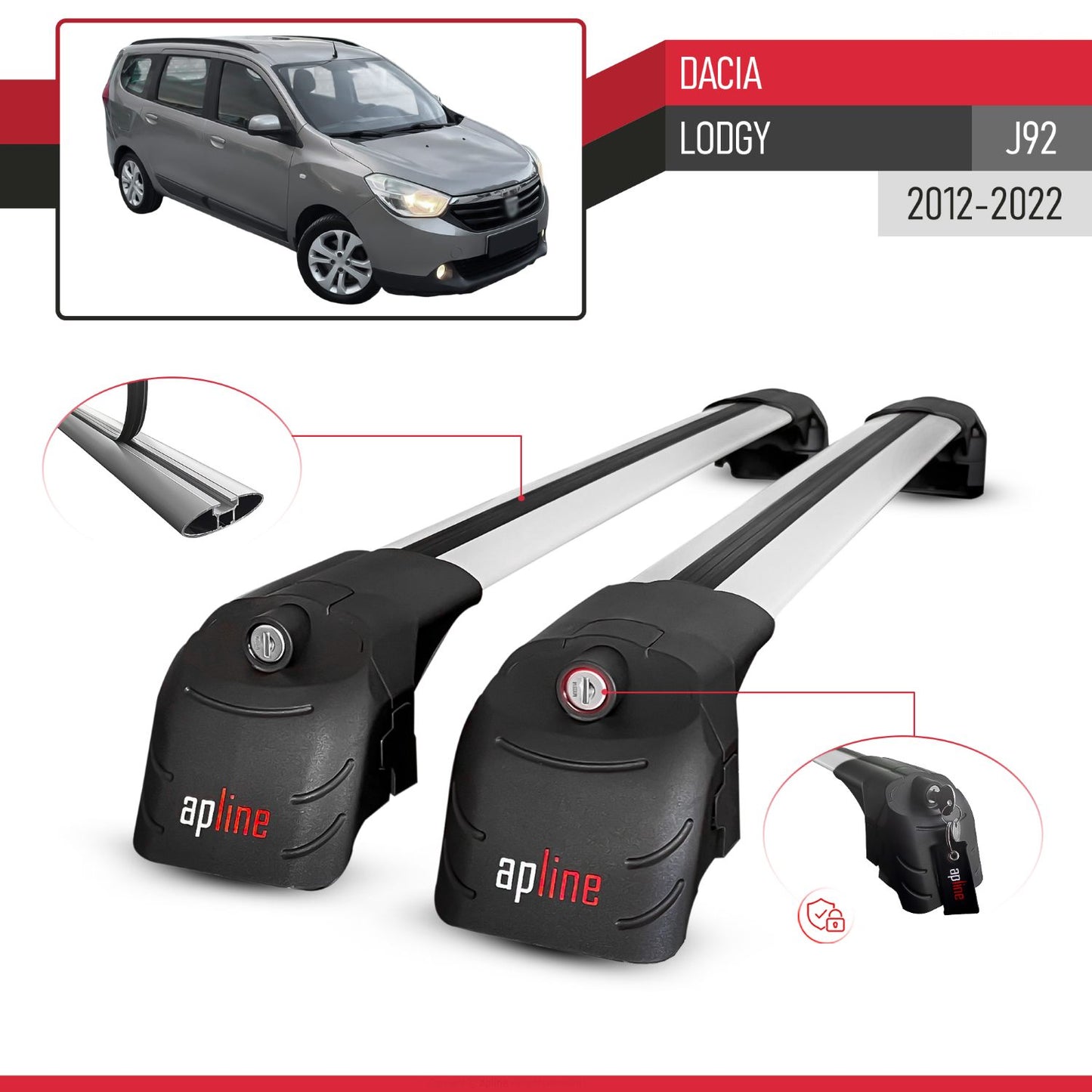 ACE-2 Dakdrager bagagedrager compatibel met Dacia Lodgy (J92) 2012-2022 Spoorstaven Grijs Aluminium 2 Staven