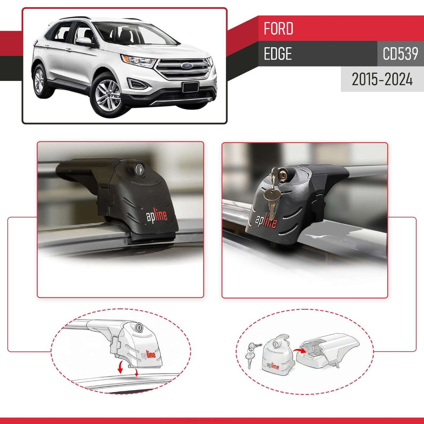 Compatible with Ford Edge (CD539) 2016-2021 ACE-2 Car Roof Rack Cross Bar Grey Aluminium 2 Bars