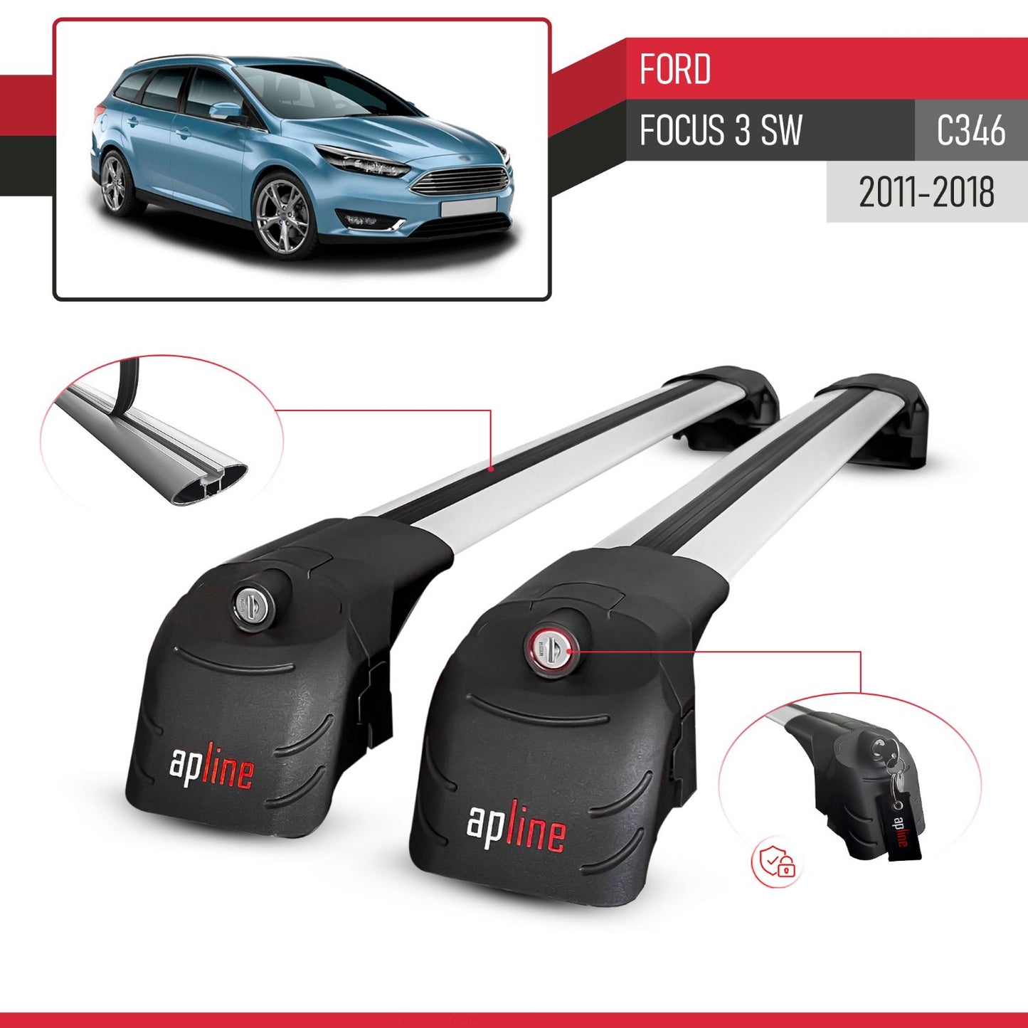 ACE-2 Dakdrager bagagedrager compatibel met Ford Focus 3 (C346) SW 2011-2018 Spoorstaven Grijs Aluminium 2 Staven
