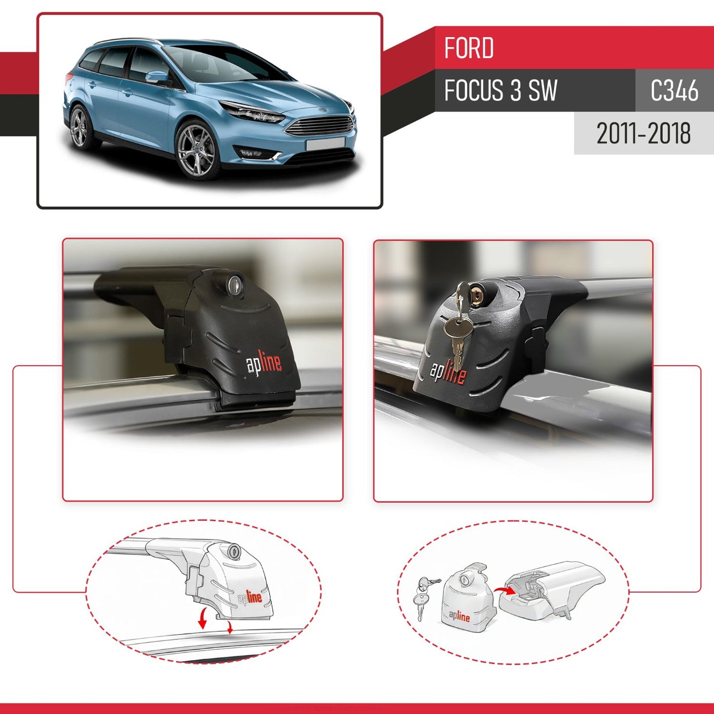 ACE-2 Dakdrager bagagedrager compatibel met Ford Focus 3 (C346) SW 2011-2018 Spoorstaven Grijs Aluminium 2 Staven