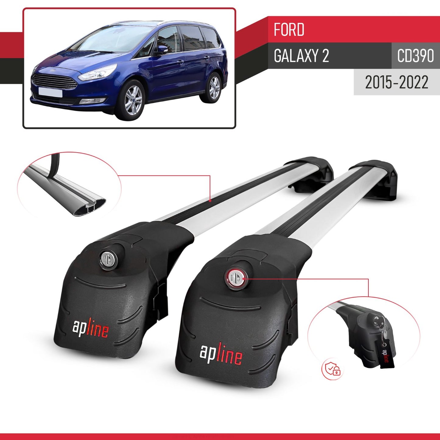 ACE-2 Dakdrager bagagedrager compatibel met Ford Galaxy 2 (CD390) 2015-2022 Spoorstaven Grijs Aluminium 2 Staven