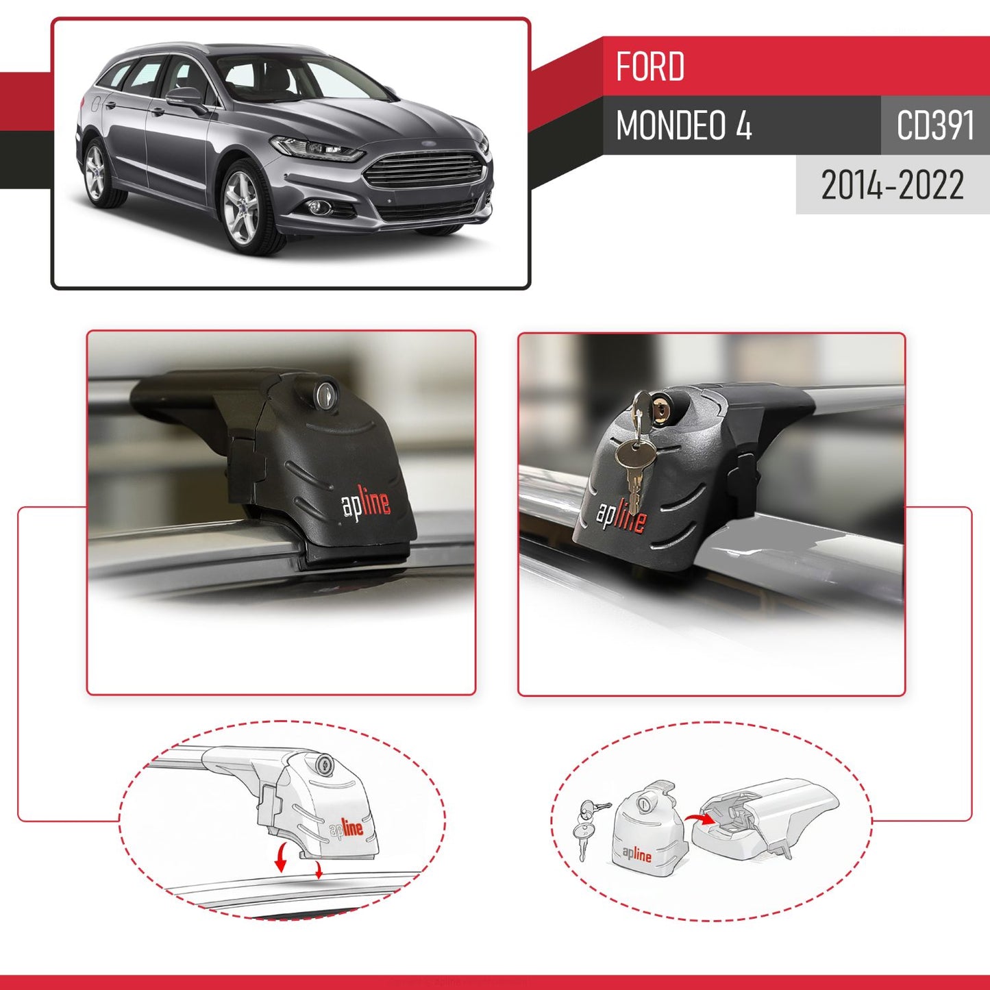 ACE-2 Dakdrager bagagedrager compatibel met Ford Mondeo 4 (CD391) 2014-2022 Spoorstaven Grijs Aluminium 2 Staven