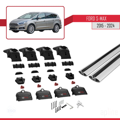 Compatible avec Ford S-Max 2 (CD539) 2015-2023 ACE-2 Barres de Toit Railing Porte-Bagages de Voiture Gris Aluminium 2 Barres