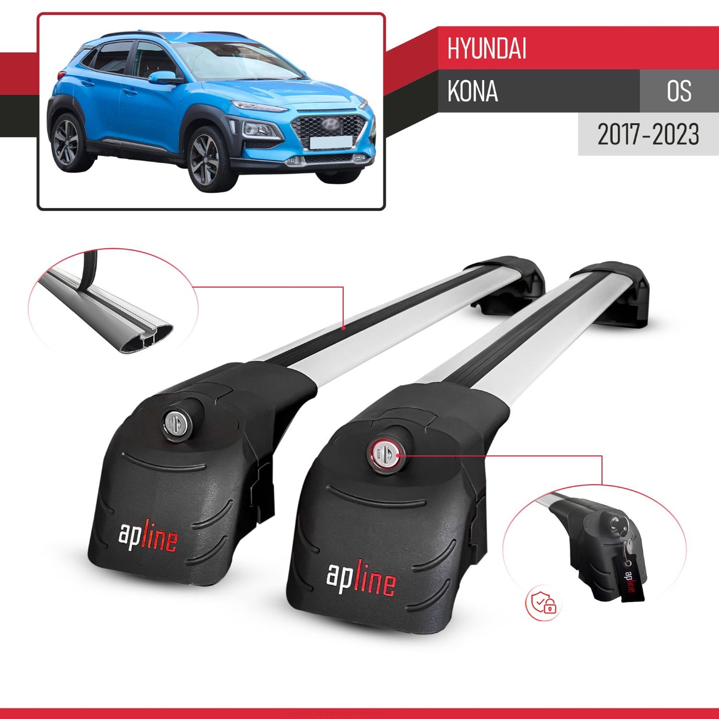 ACE-2 Dakdrager bagagedrager compatibel met Hyundai Kona (OS) 2017-2022 Spoorstaven Grijs Aluminium 2 Staven