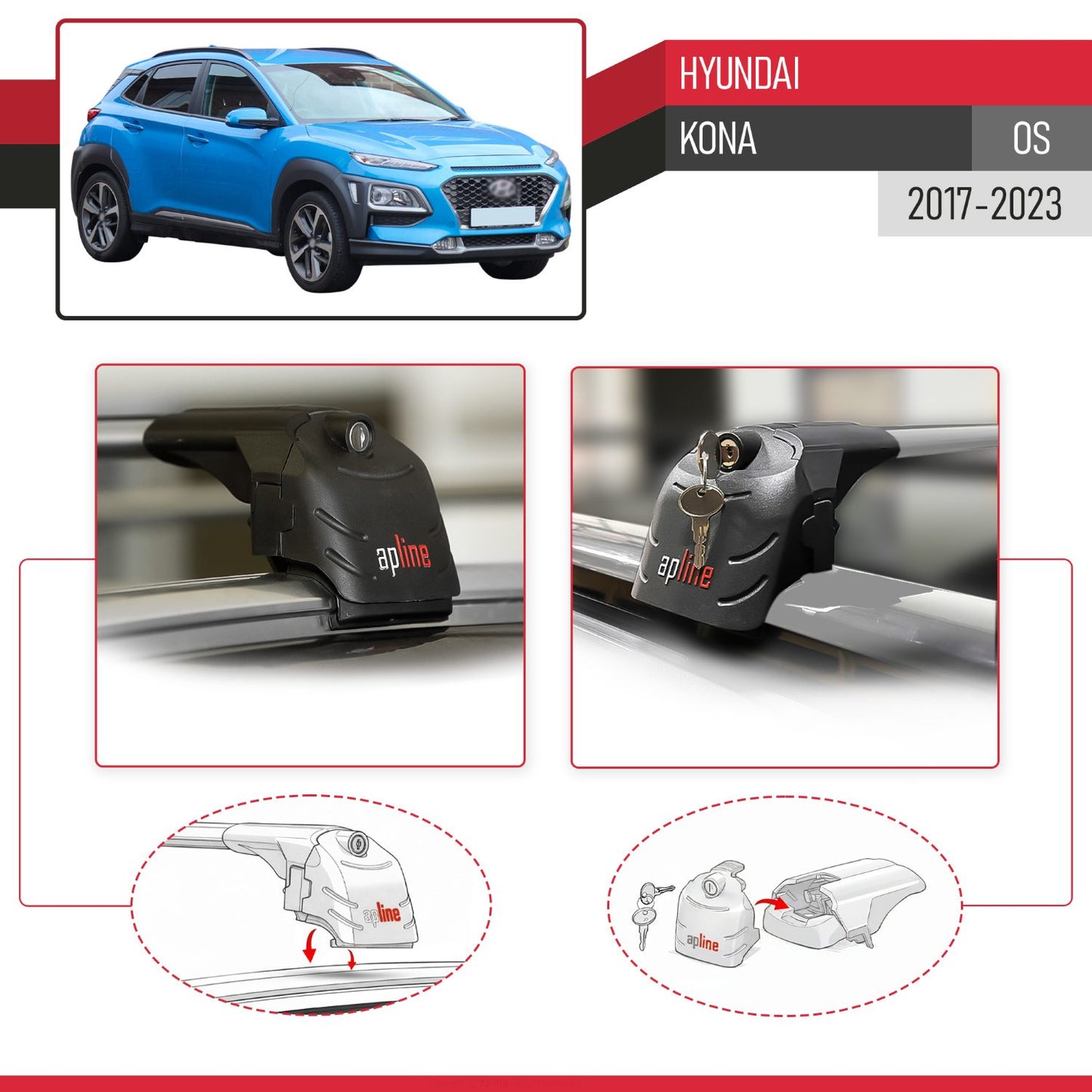 ACE-2 Dakdrager bagagedrager compatibel met Hyundai Kona (OS) 2017-2022 Spoorstaven Grijs Aluminium 2 Staven