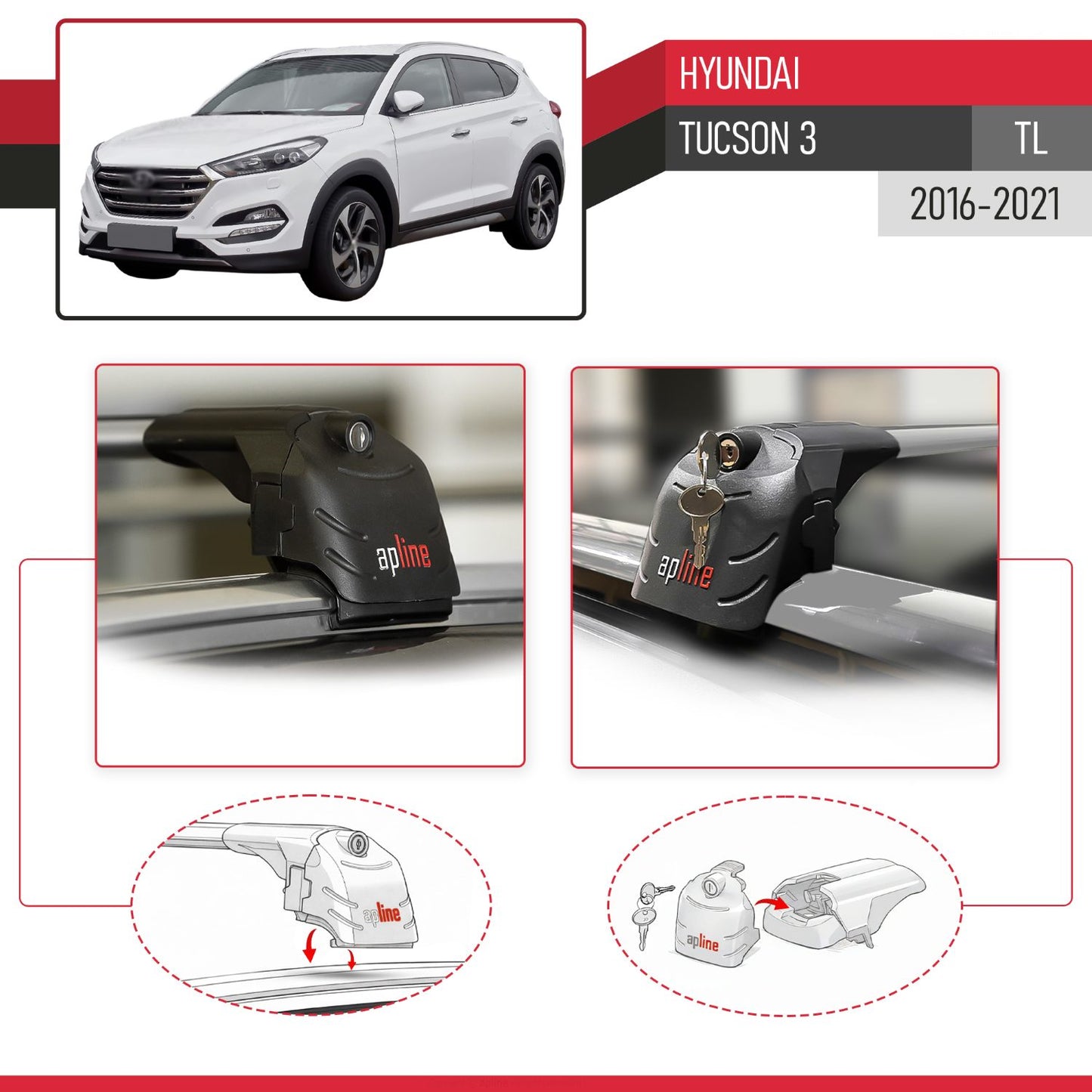 ACE-2 Dakdrager bagagedrager compatibel met Hyundai Tucson 3 (TL) 2016-2021 Spoorstaven Grijs Aluminium 2 Staven
