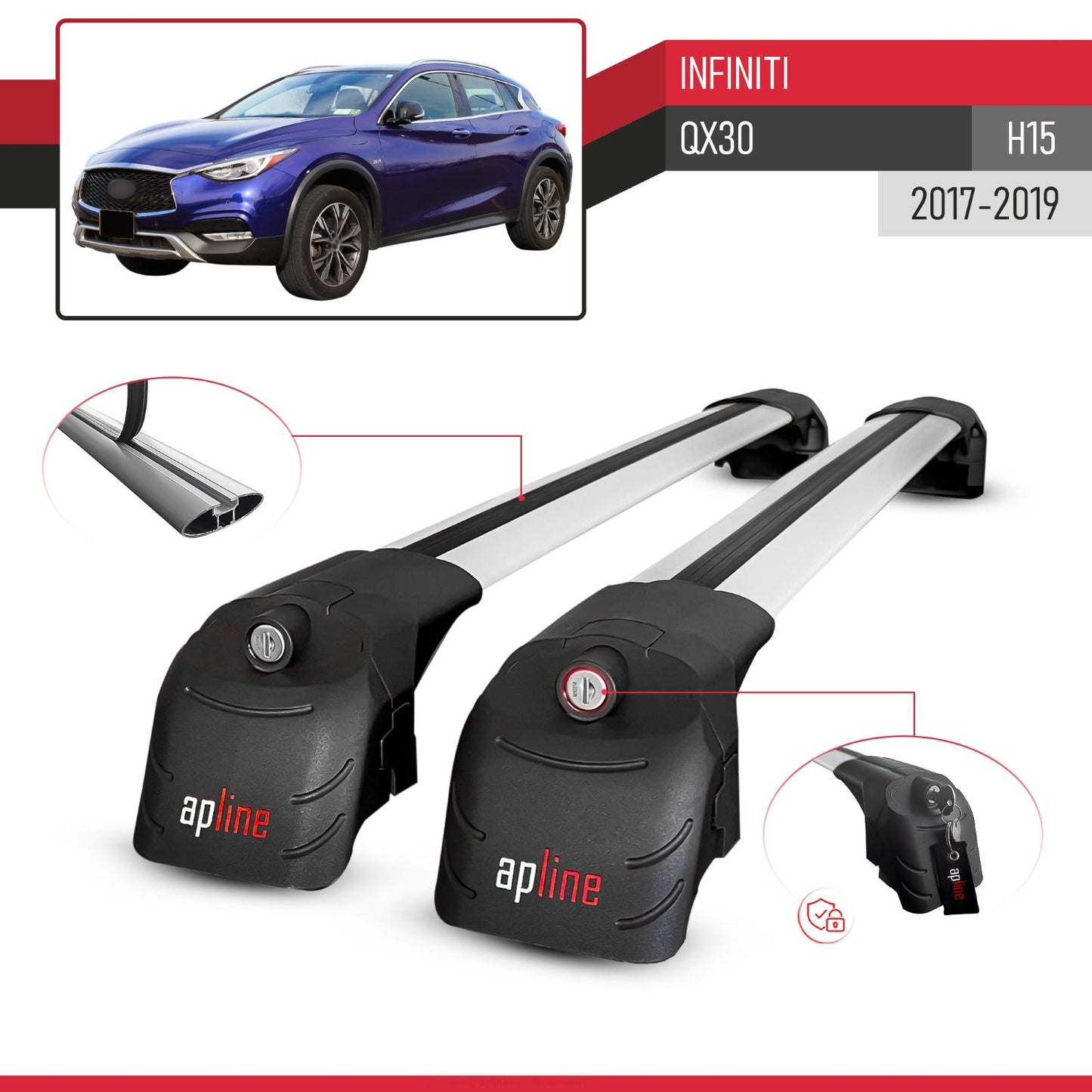 ACE-2 Dakdrager bagagedrager compatibel met Infiniti QX30 (H15) 2017-2019 Spoorstaven Grijs Aluminium 2 Staven