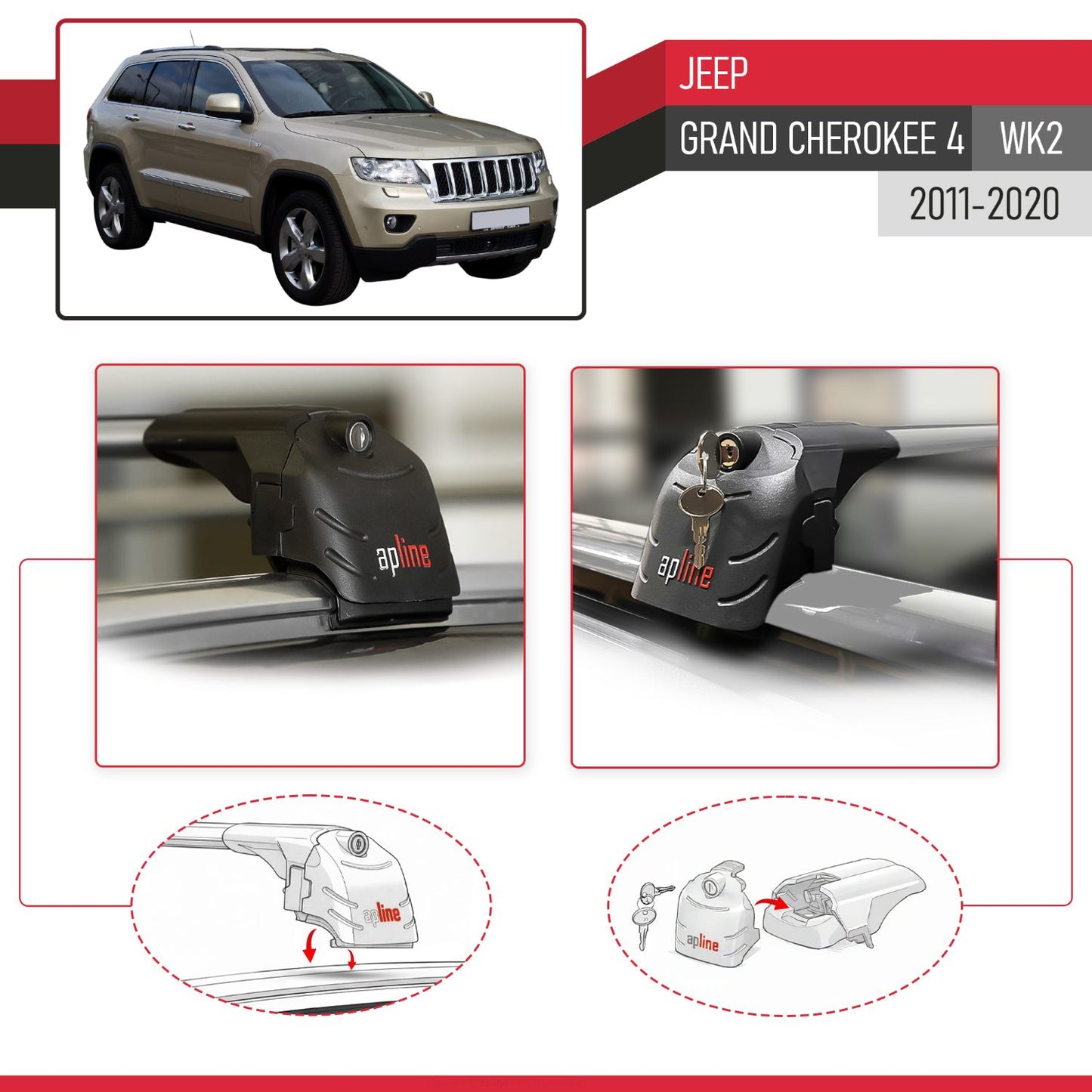 ACE-2 Dakdrager bagagedrager compatibel met Jeep Grand Cherokee 4 (WK2) 2011-2020 Spoorstaven Grijs Aluminium 2 Staven