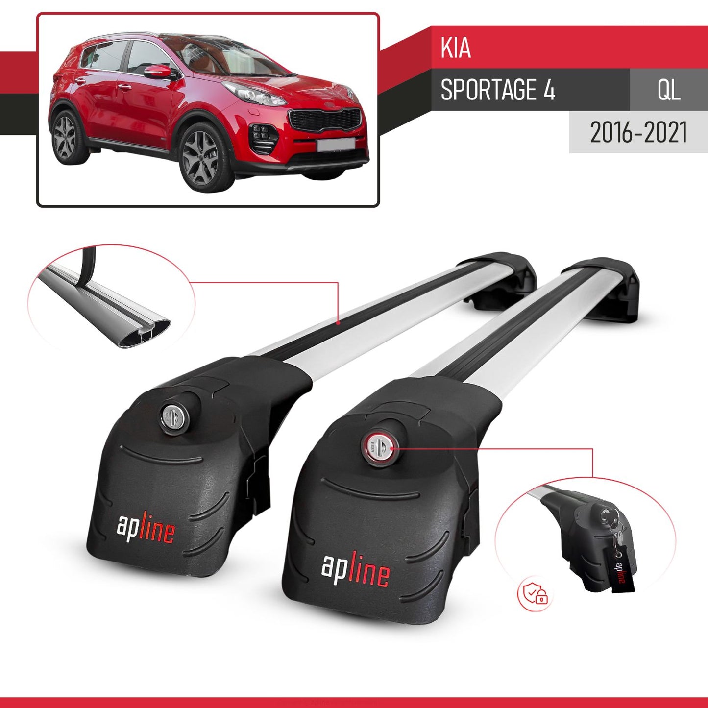 ACE-2 Dakdrager bagagedrager compatibel met Kia Sportage 4 (QL) 2016-2021 Spoorstaven Grijs Aluminium 2 Staven