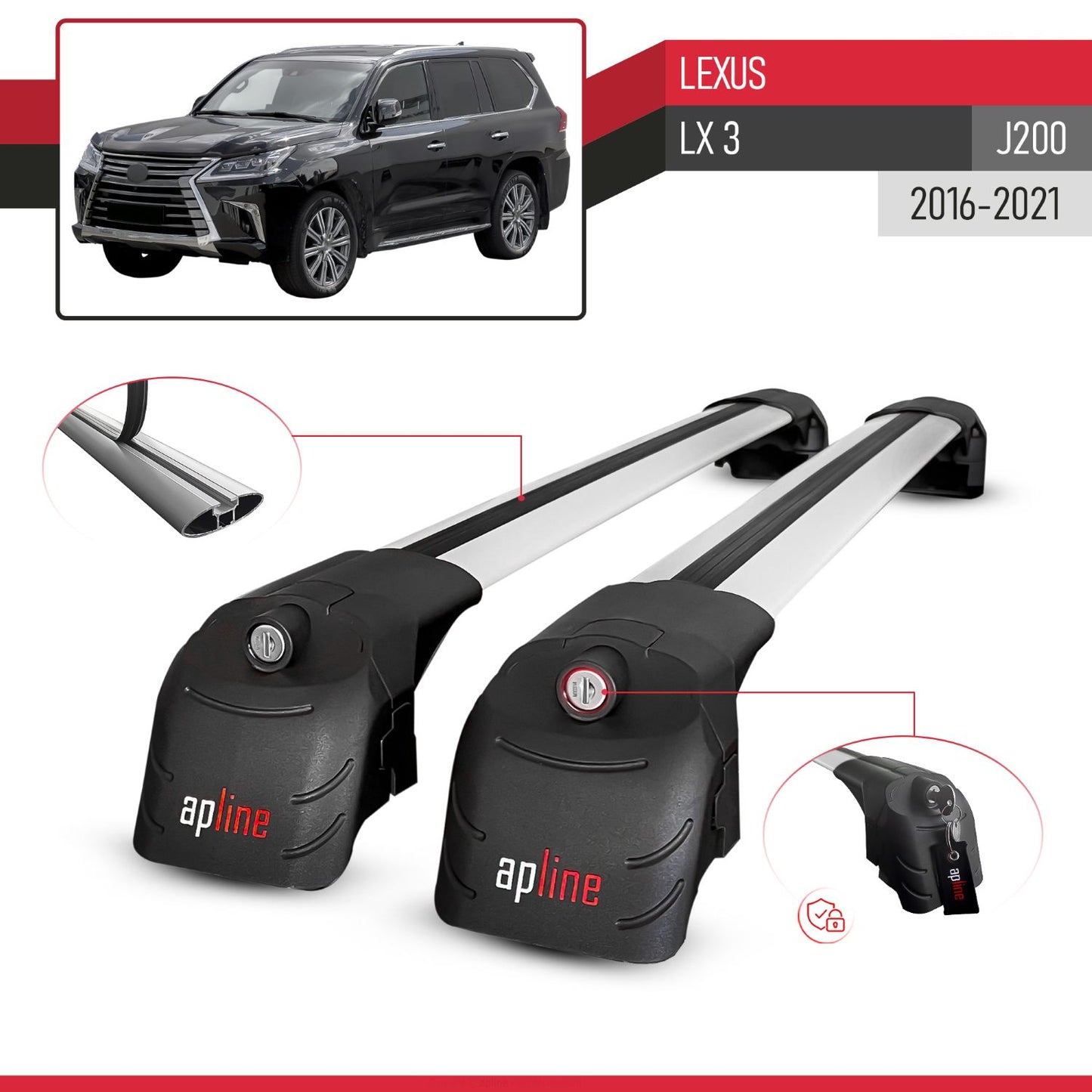 Compatible with Lexus LX 3 (J200) 2016-2021 ACE-2 Car Roof Rack Cross Bar Grey Aluminium 2 Bars
