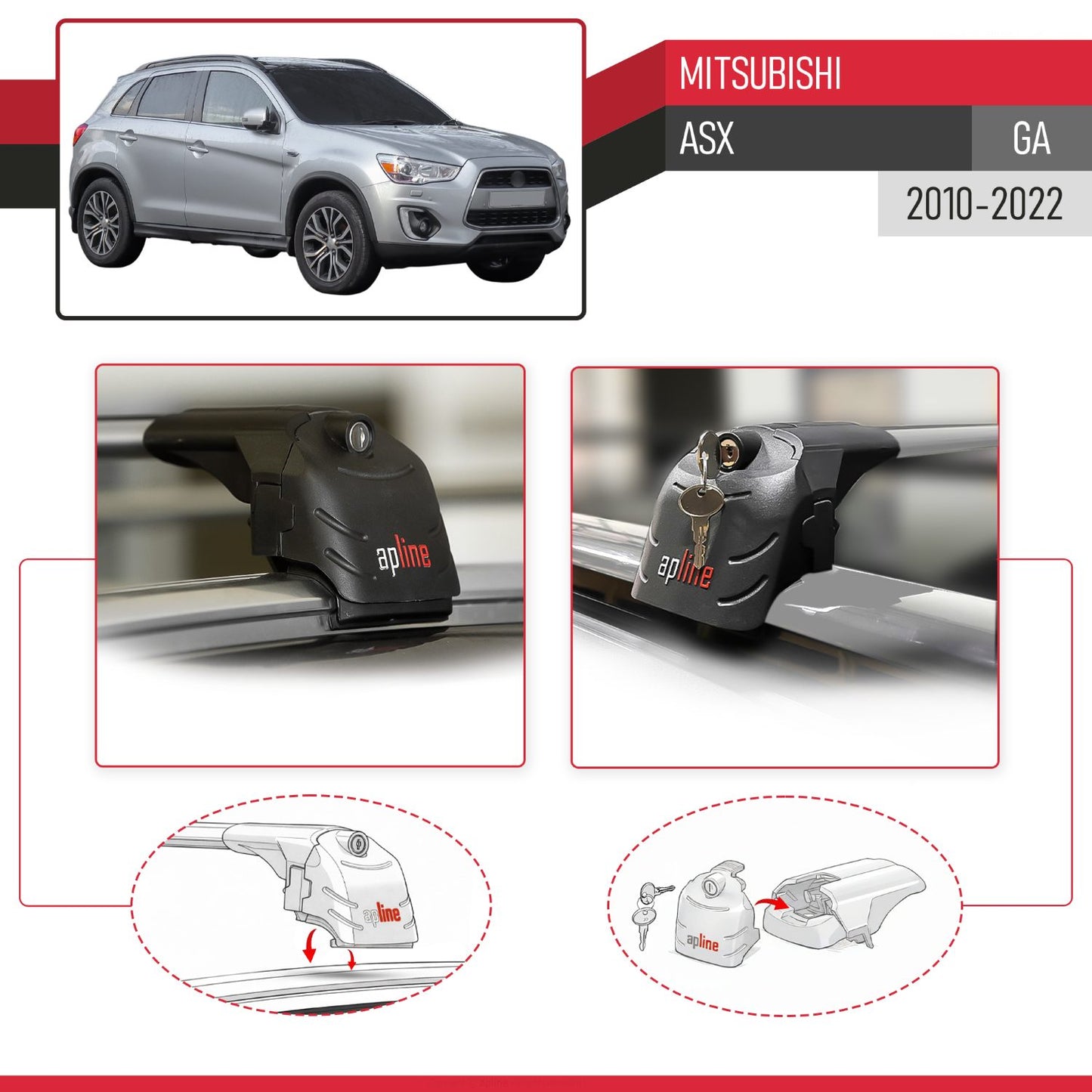 Compatible with Mitsubishi ASX (GA) 2010-2022 ACE-2 Car Roof Rack Cross Bar Grey Aluminium 2 Bars