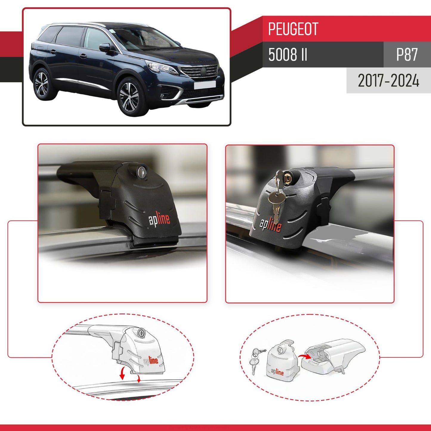 ACE-2 Dakdrager bagagedrager compatibel met Peugeot 5008 II (P87) 2017-2024 Spoorstaven Grijs Aluminium 2 Staven