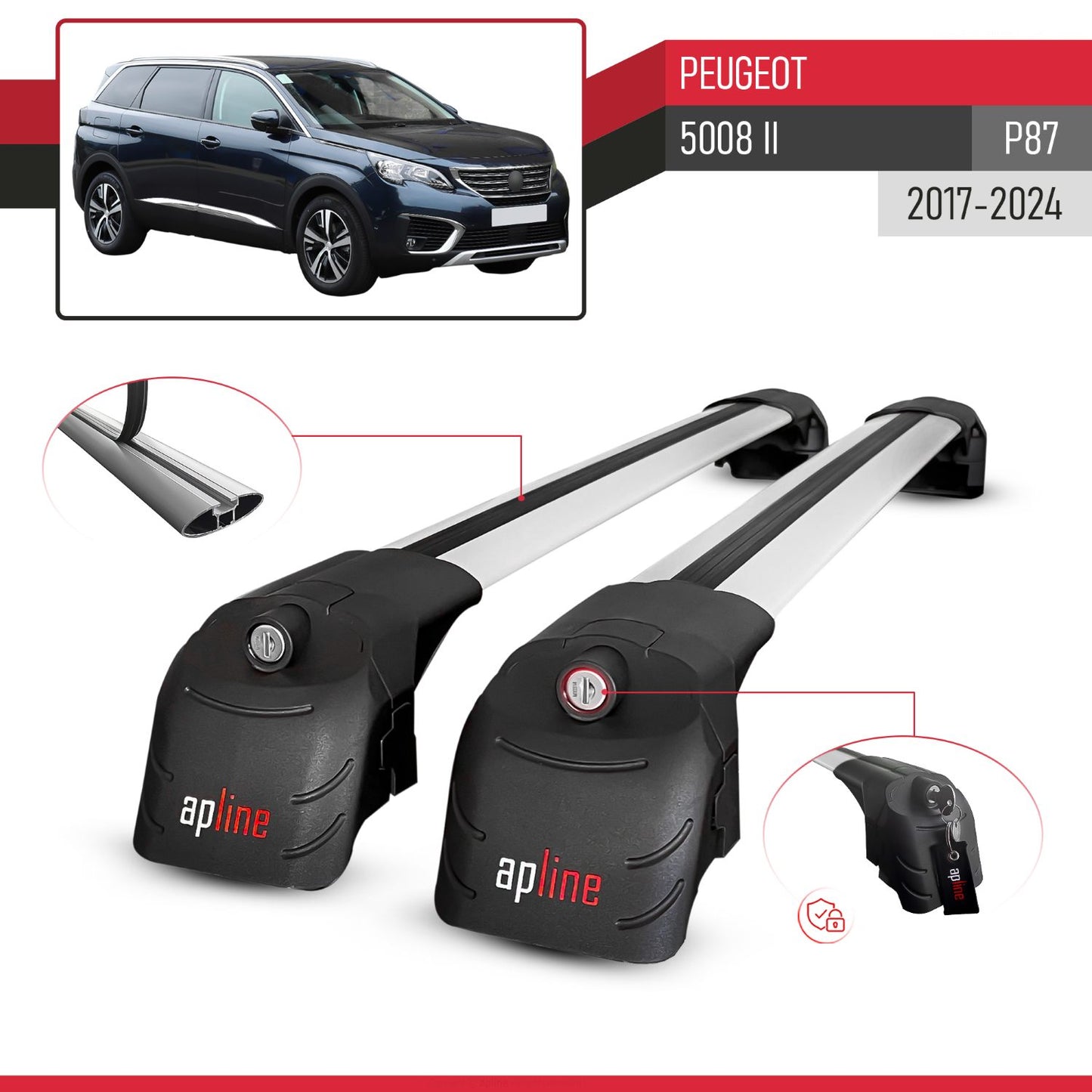 ACE-2 Dakdrager bagagedrager compatibel met Peugeot 5008 II (P87) 2017-2024 Spoorstaven Grijs Aluminium 2 Staven