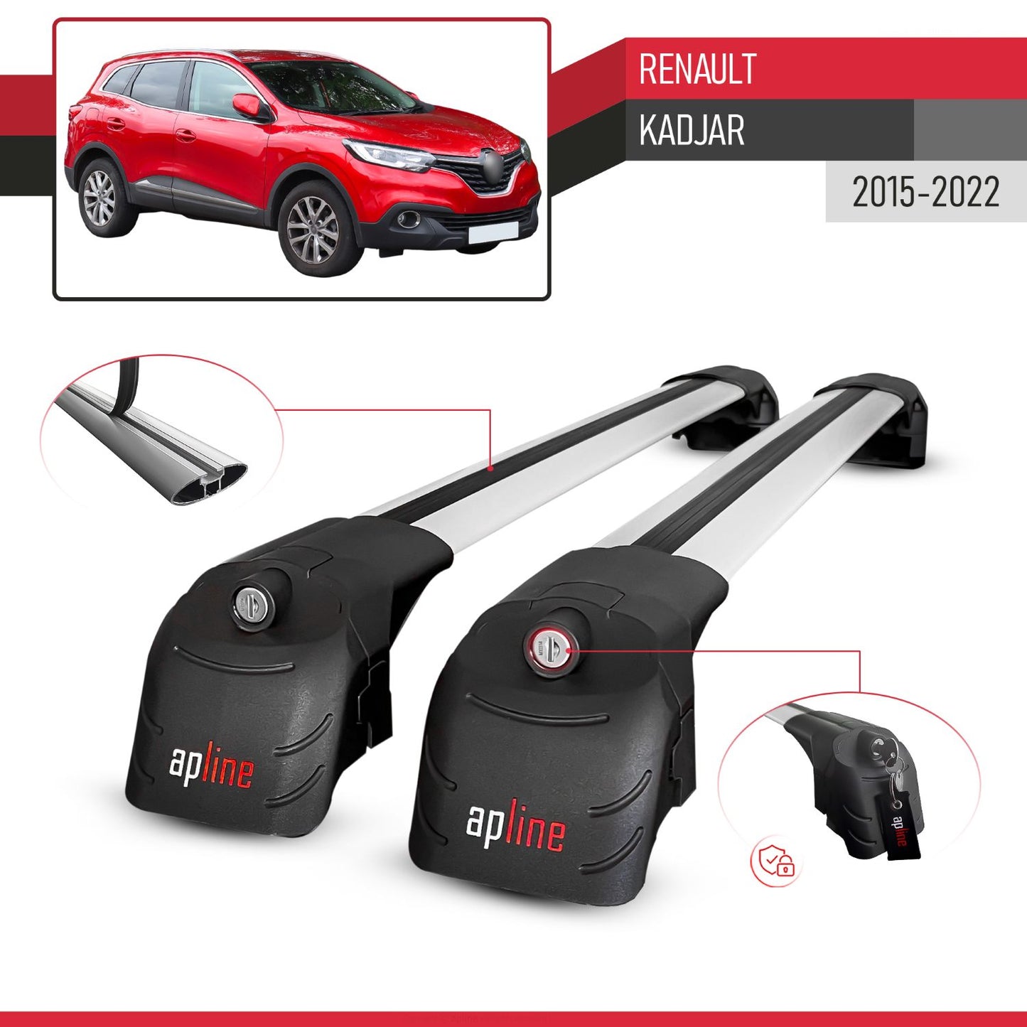 ACE-2 Dakdrager bagagedrager compatibel met Renault Kadjar 2015-2022 Spoorstaven Grijs Aluminium 2 Staven