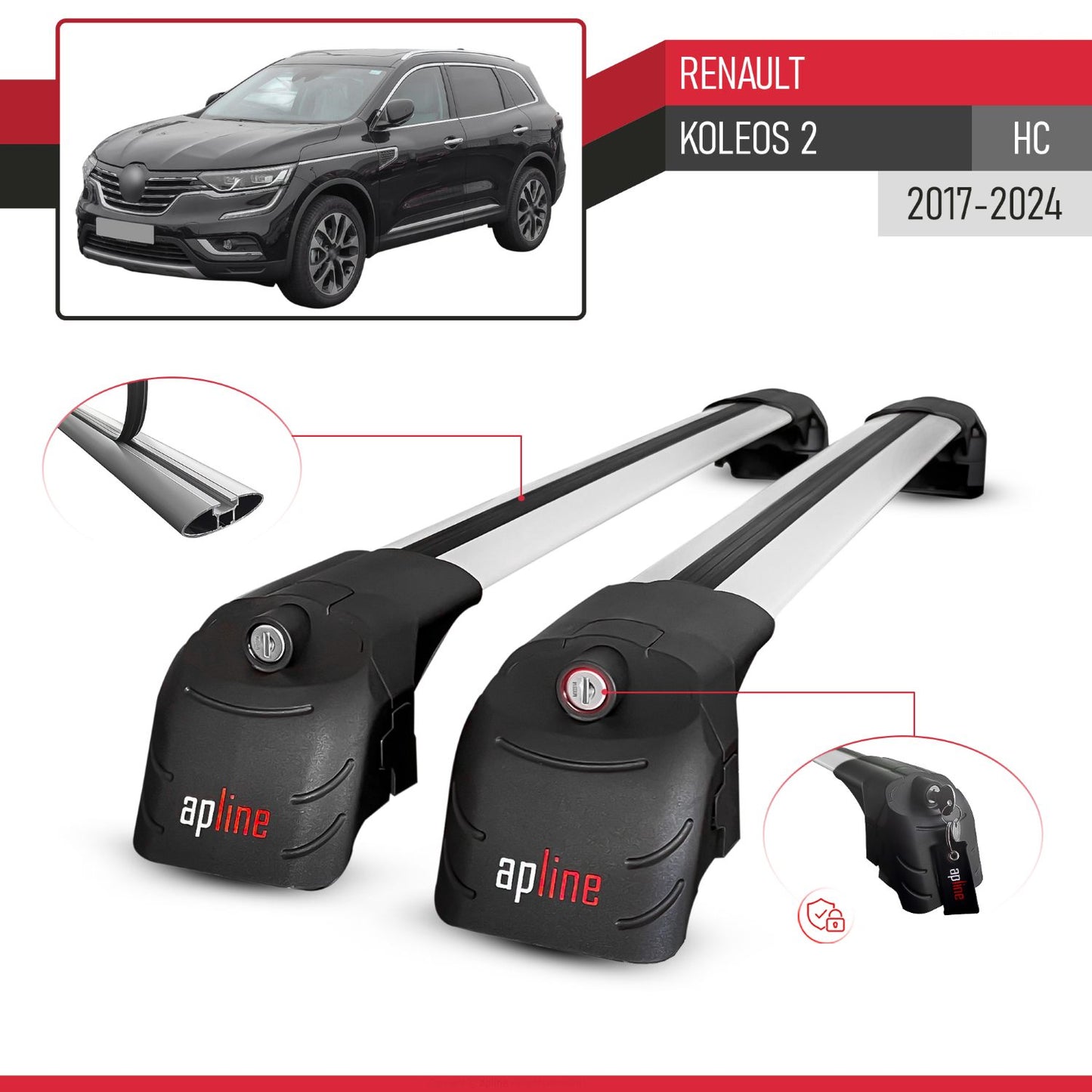 Compatible with Renault Koleos 2 (HC) 2017-2024 ACE-2 Car Roof Rack Cross Bar Grey Aluminium 2 Bars