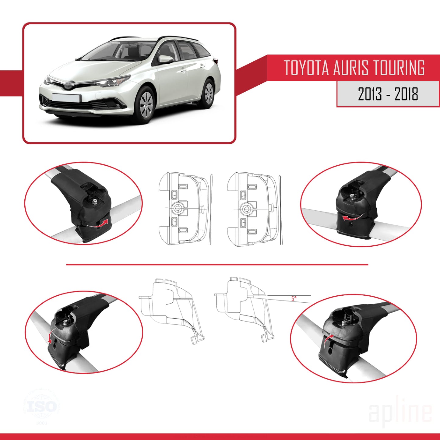 ACE-2 Dakdrager bagagedrager compatibel met Toyota Auris 2 (E180) Touring Sports 2013-2018 Spoorstaven Grijs Aluminium 2 Staven