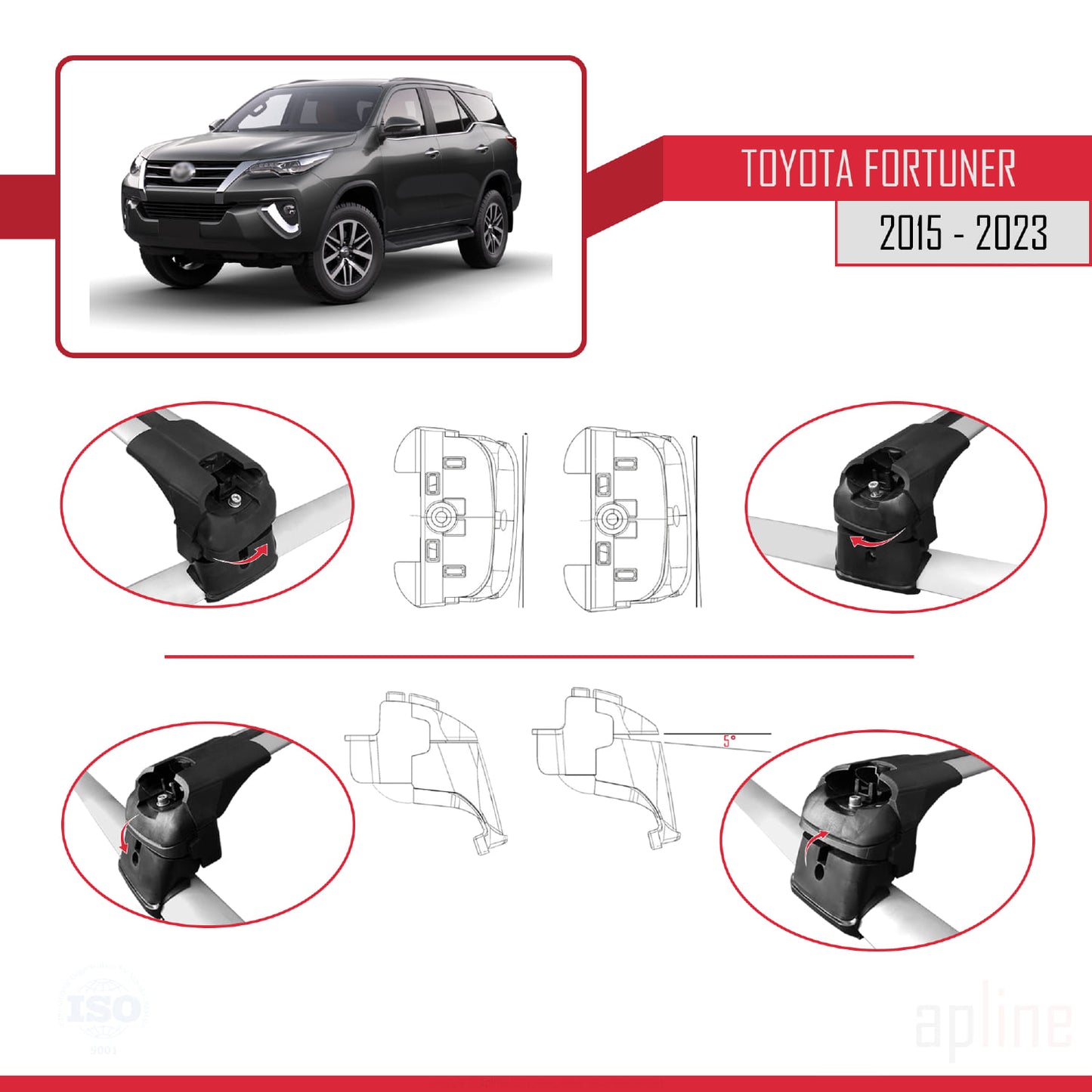 ACE-2 Dakdrager bagagedrager compatibel met Toyota Fortuner (AN160) 2015-2023 Spoorstaven Grijs Aluminium 2 Staven