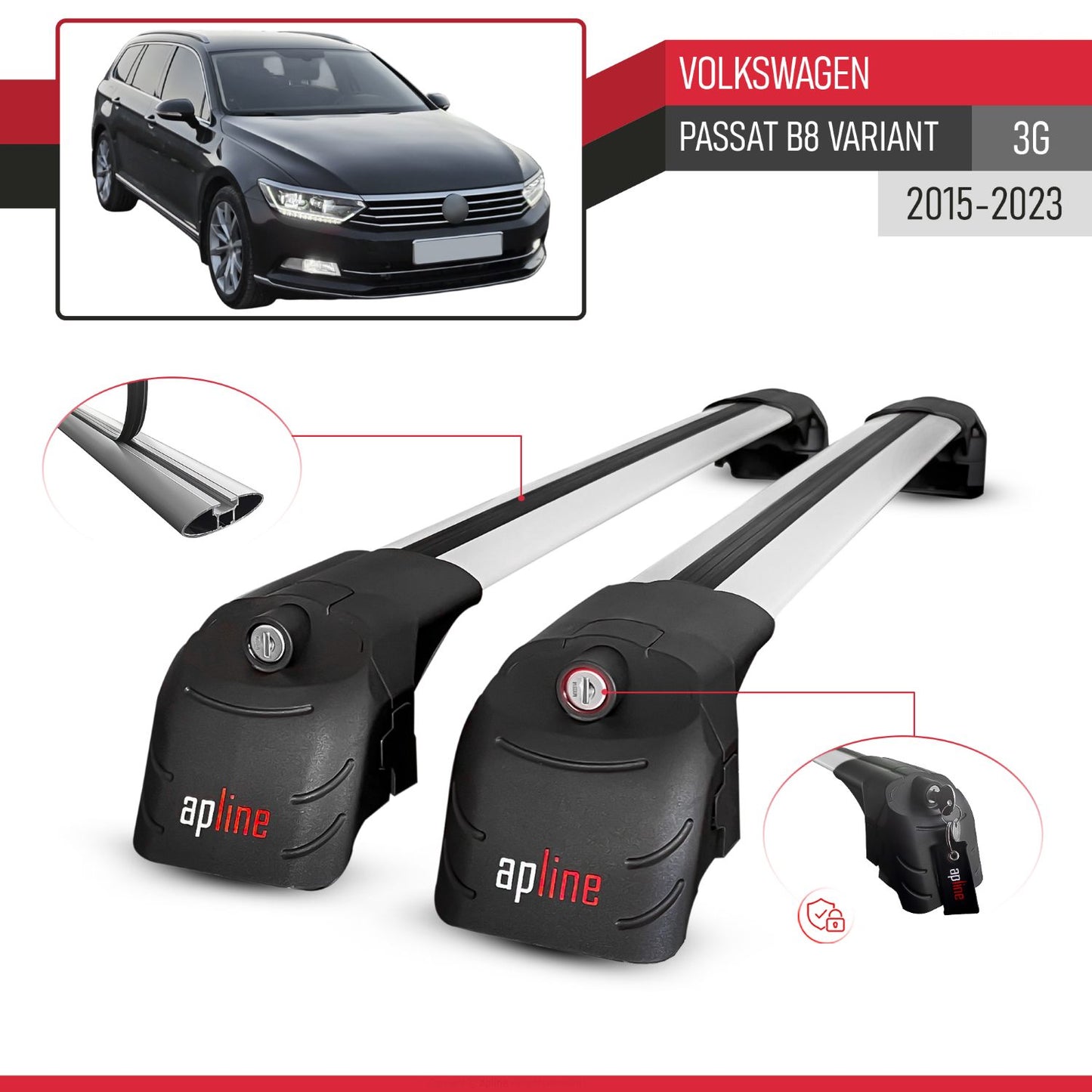 Compatible with Volkswagen Passat B8 (3G) Variant 2015-2023 ACE-2 Car Roof Rack Cross Bar Grey Aluminium 2 Bars