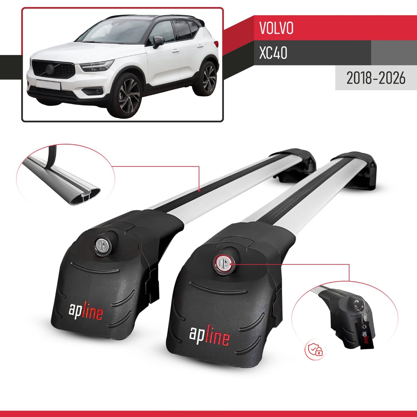 ACE-2 Dakdrager bagagedrager compatibel met Volvo XC40 2018-2025 Spoorstaven Grijs Aluminium 2 Staven