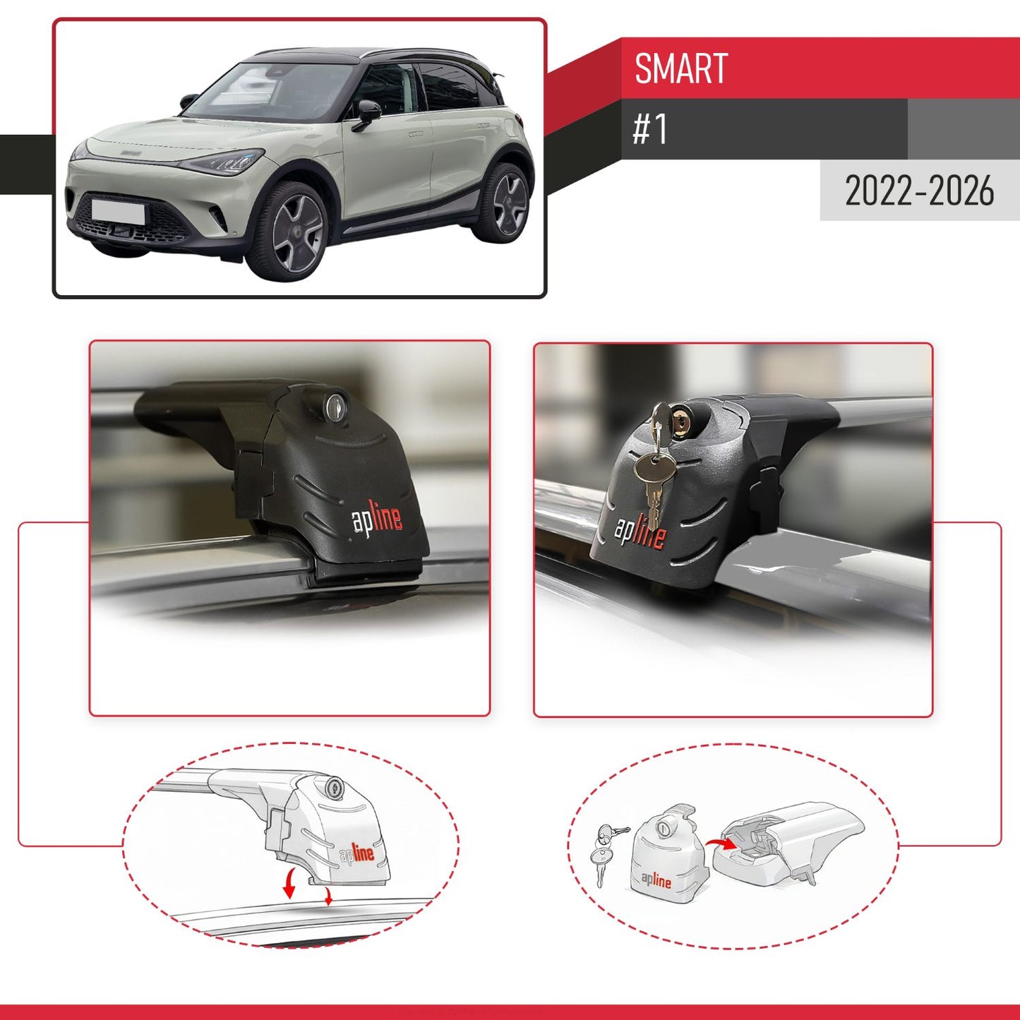 Compatible with Smart #1 2022-2024 ACE-2 Car Roof Rack Cross Bar Grey Aluminium 2 Bars