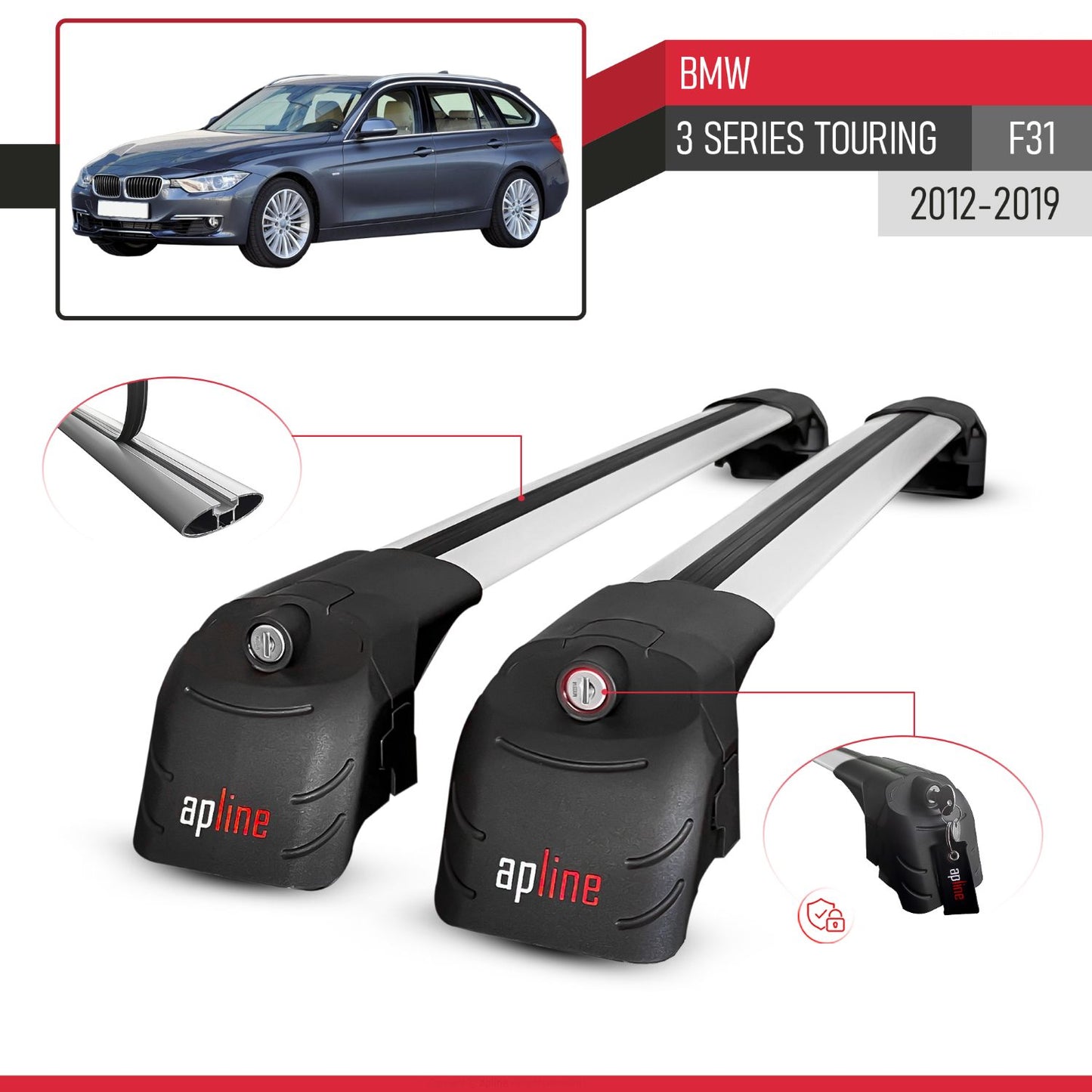 ACE-2 Dakdrager bagagedrager compatibel met BMW Serie 3 (F31) Touring 2012-2019 Spoorstaven Grijs Aluminium 2 Staven