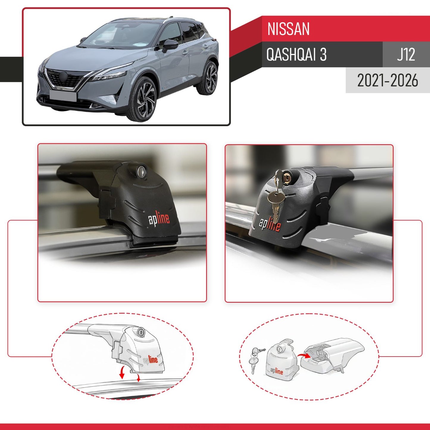 Compatible with Nissan Qashqai 3 (J12) 2022-2025 ACE-2 Car Roof Rack Cross Bar Grey Aluminium 2 Bars