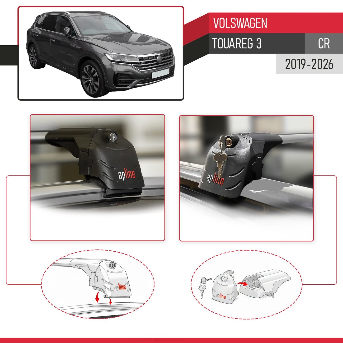 Compatible with Volkswagen Touareg 3 (CR) 2019-2025 ACE-2 Car Roof Rack Cross Bar Grey Aluminium 2 Bars