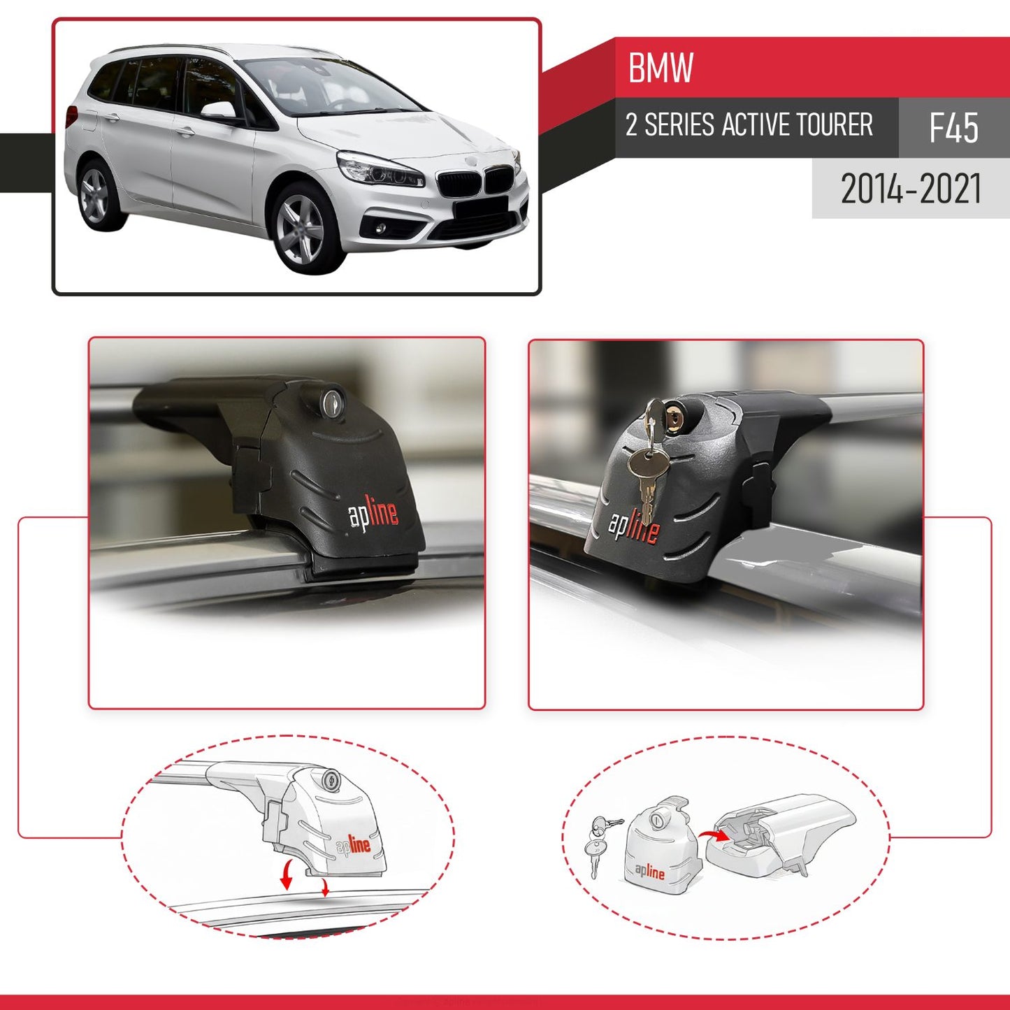 ACE-2 Dakdrager bagagedrager compatibel met BMW Serie 2 (F45) Active Tourer 2014-2021 Spoorstaven Grijs Aluminium 2 Staven