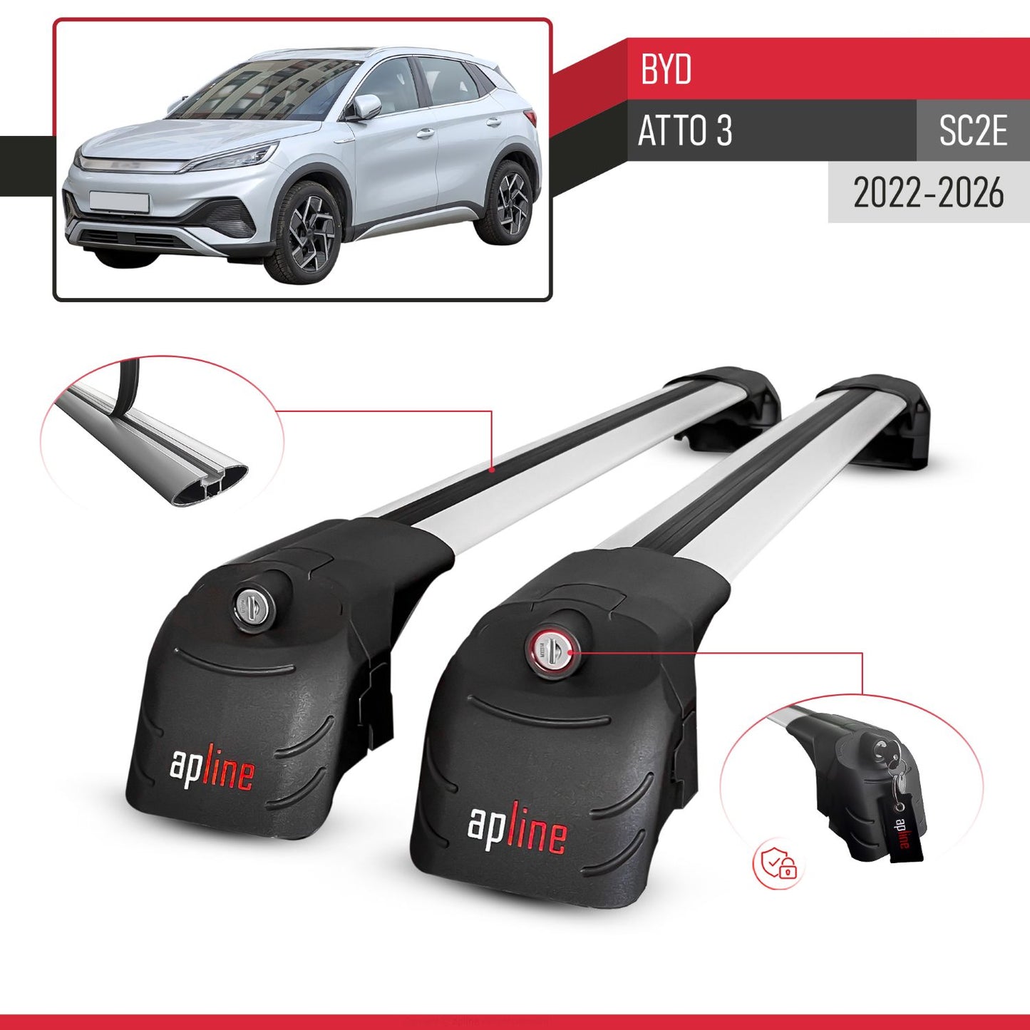 ACE-2 Dakdrager bagagedrager compatibel met BYD Atto 3 2022-2025 Spoorstaven Grijs Aluminium 2 Staven