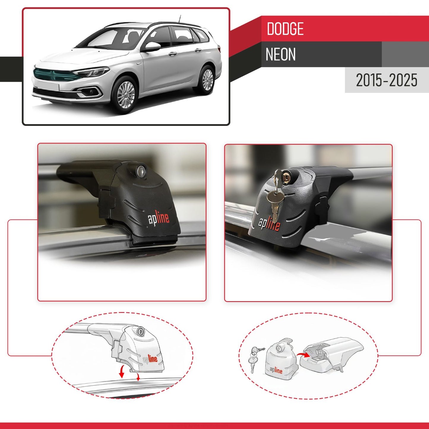ACE-2 Dakdrager bagagedrager compatibel met Dodge Neon 2015-2025 Spoorstaven Grijs Aluminium 2 Staven