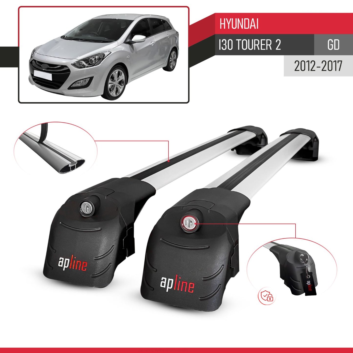 ACE-2 Dakdrager bagagedrager compatibel met Hyundai i30 2 (GD) Tourer 2012-2016 Spoorstaven Grijs Aluminium 2 Staven