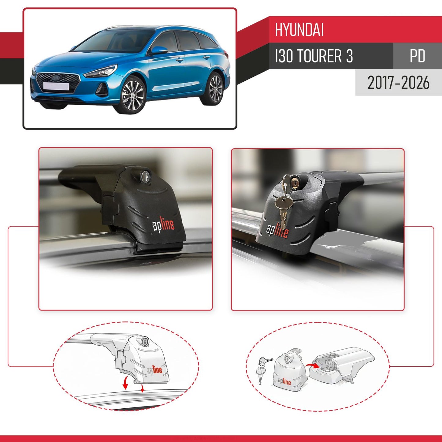 ACE-2 Dakdrager bagagedrager compatibel met Hyundai i30 3 (PD) Tourer 2017-2025 Spoorstaven Grijs Aluminium 2 Staven