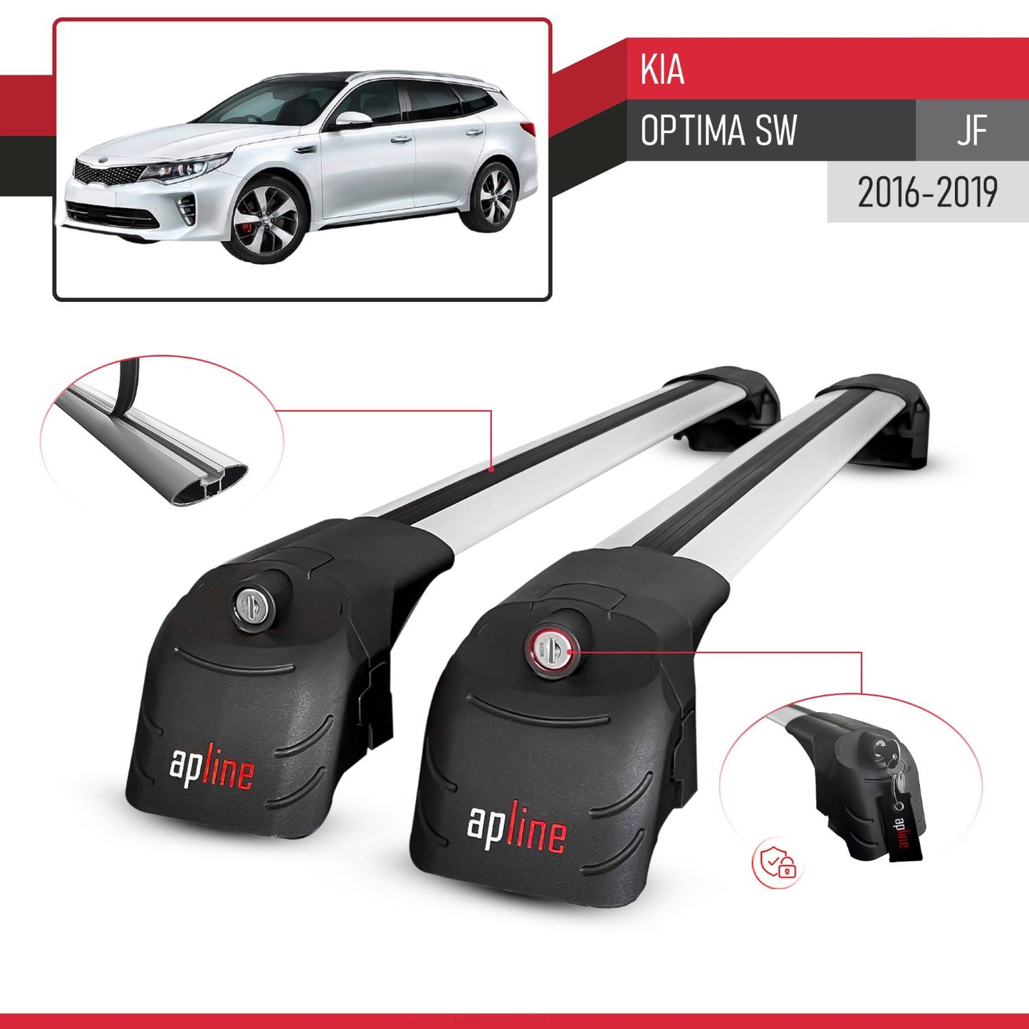 Compatible with Kia Optima (JF) SW 2016-2019 ACE-2 Car Roof Rack Cross Bar Grey Aluminium 2 Bars