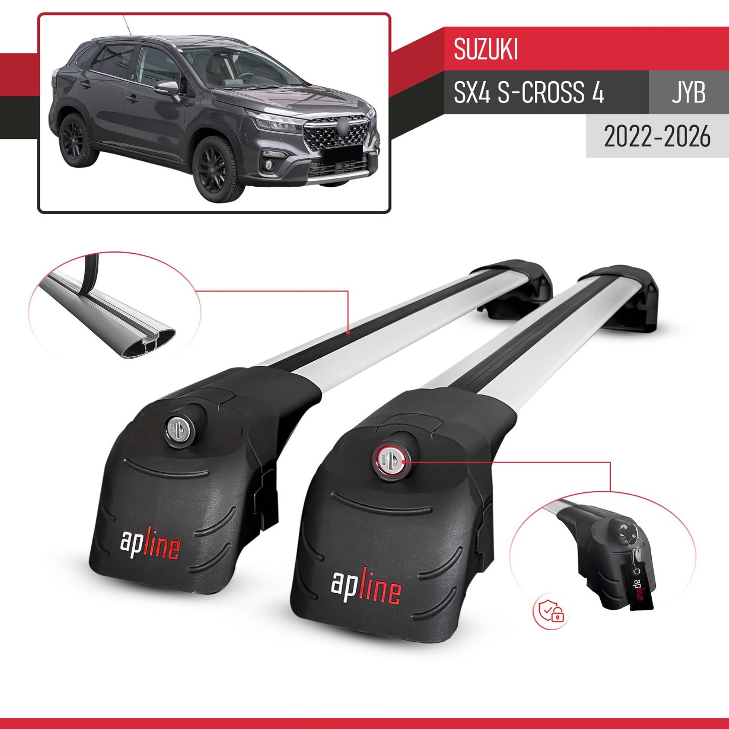 Compatible with Suzuki SX4 S-Cross 4 (JY) 2022-2025 ACE-2 Car Roof Rack Cross Bar Grey Aluminium 2 Bars