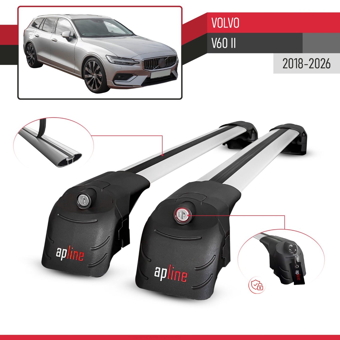 Compatible with Volvo V60 II 2019-2025 ACE-2 Car Roof Rack Cross Bar Grey Aluminium 2 Bars